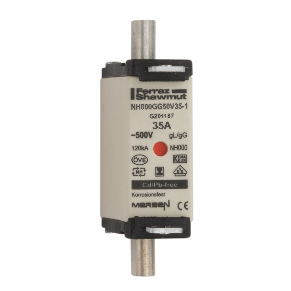 Product image for DIN NH Standard fuse-link gG Size NH000 500VAC 250VDC 35A isolated tags Double indicator Body width 21mm
