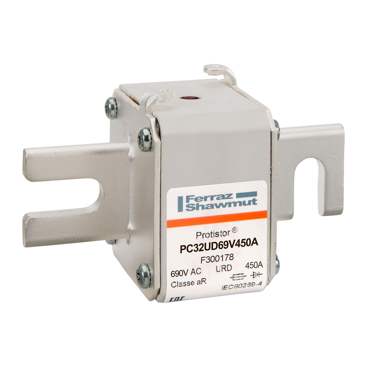Product image for Square Body High-Speed Fuse Protistor® Size 32 aR 690VAC IEC 700VAC UL 450A With Striker DIN 80 Blades
