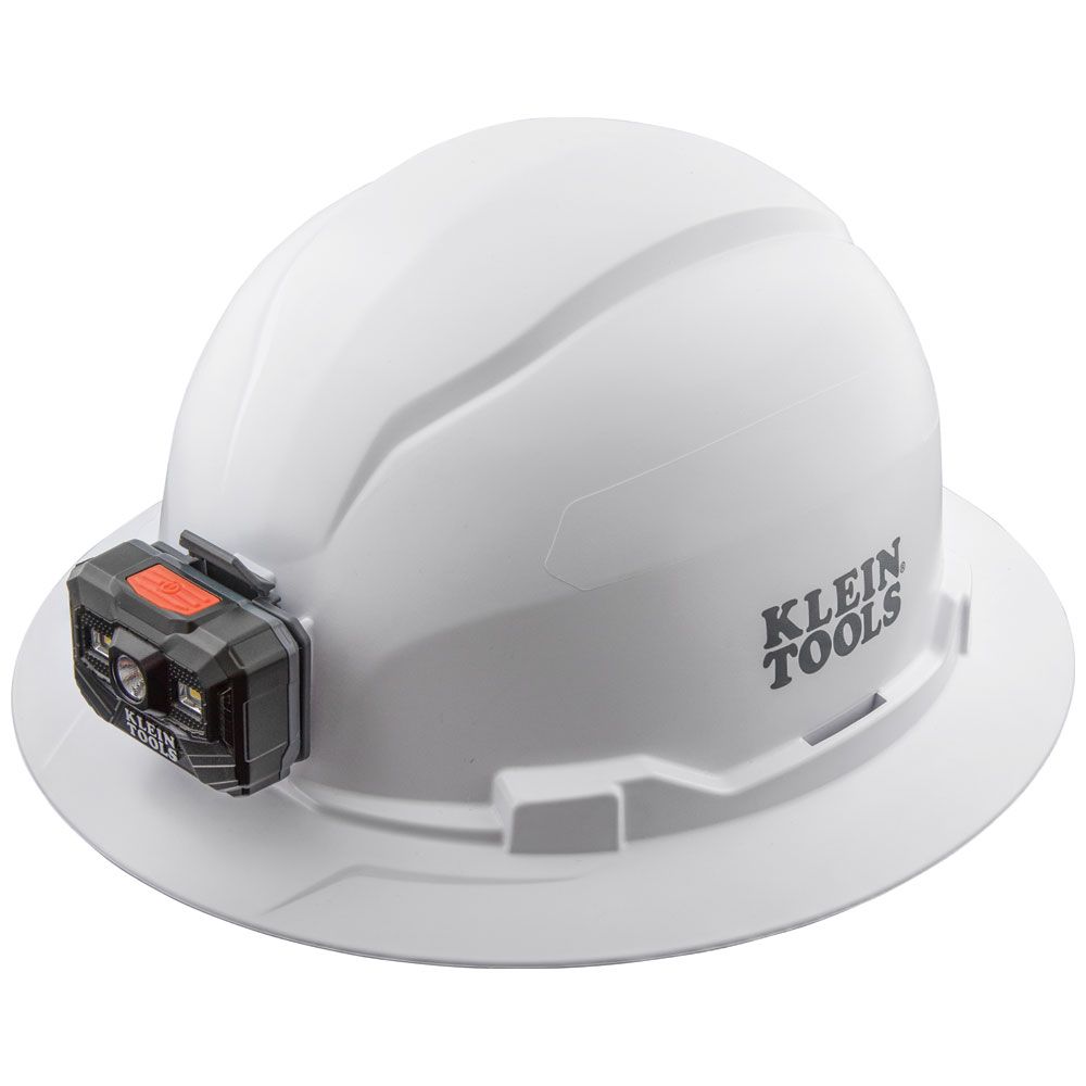 Product image for KLEIN 60406RL HARD HAT NON-VENTED FULL BRIM W/RECHARGABLE HEADLAMP CLASS E TYPE 1 WHITE