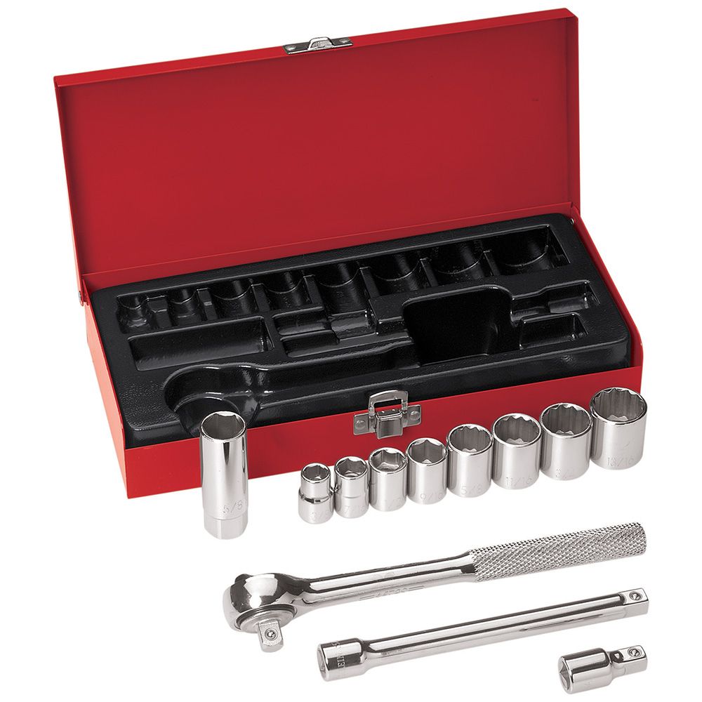 Product image for KLEIN 65504 SOCKET-WRENCH SET 12PC 3/8 DRIVE C/W METAL CASE 3/8, 7/16, 1/2, 9/16, 5/8, 11/16, 3/4, 13/16, 5/8, 2 EXT.