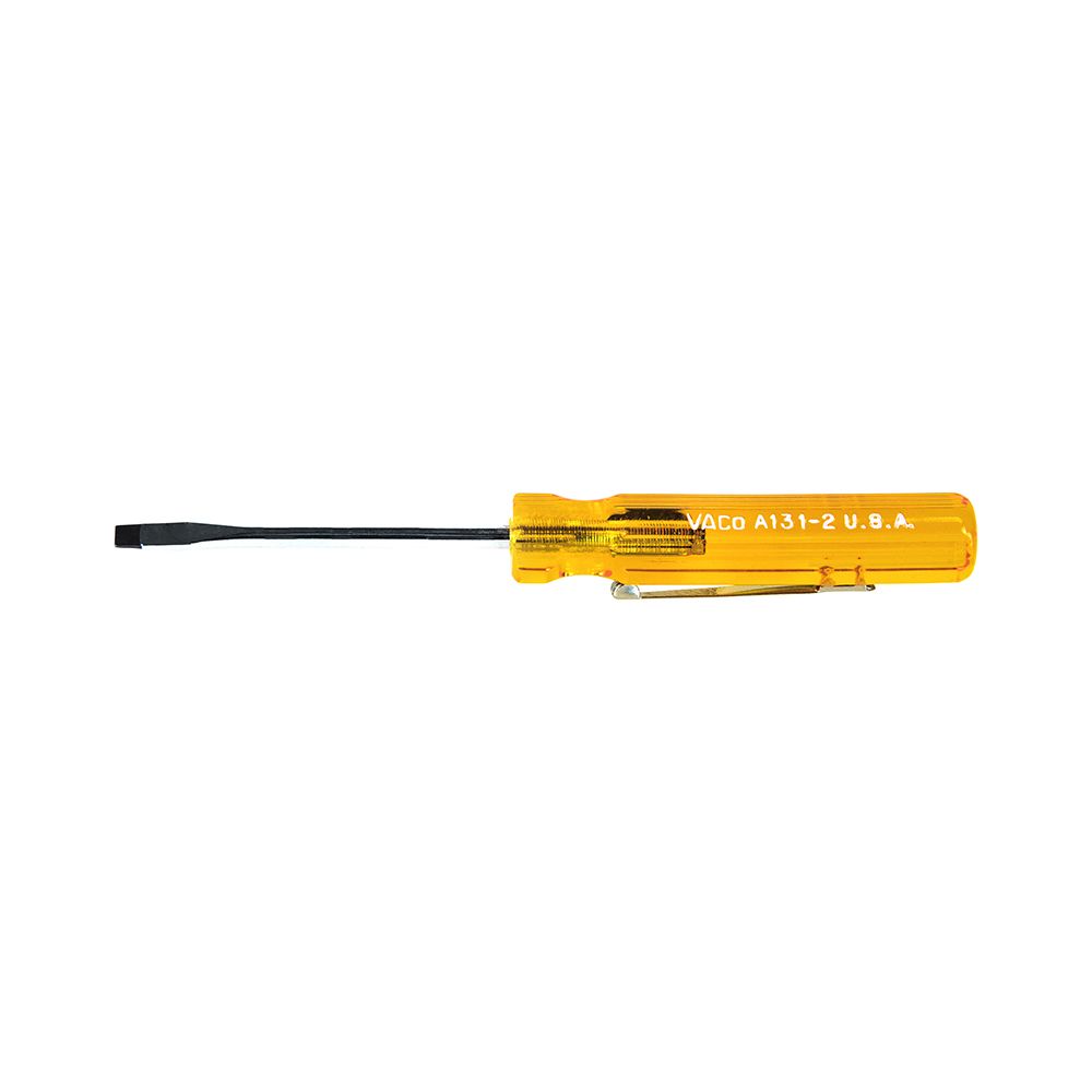 Product image for KLEIN A131-2 TOOL SCREWDRIVER FH POCKET CLIP FLATHEAD CABINET TIP 4-7/16"L 1/8"TIP 2"SL PLASTIC