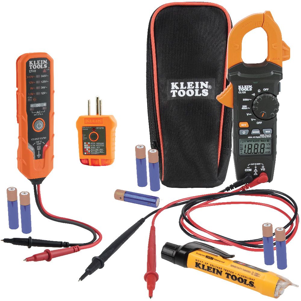 Product image for KLEIN CL120VP PREMIUM CLAMP METER TEST KIT CL120 CLAMP METER C/W TEST LEADS AND CASE, RT210 GFCI TESTER, NCVT-3P VOLTGE TESTER C/W FLASHLIGHT, ET40 AC/DC VOLTAGE TESTER 12V-240VAC / 17V-24VDC