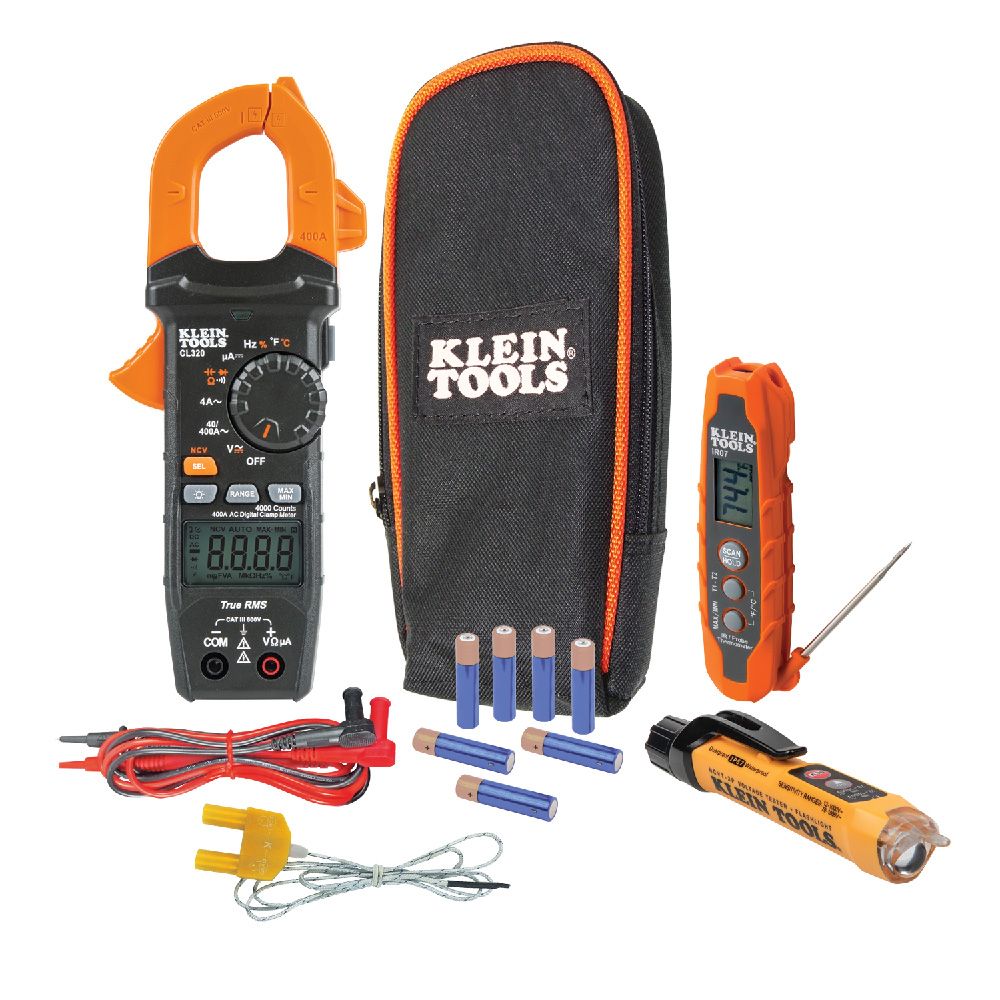 KLEIN CL320KIT HVAC ELECTRICAL TEST KIT W/ CL320 HVAC CLAMP METER IR07 DUAL IR/PROBE THERMOMETER AND NCVT-3P DUAL RANGE NCVT W/ FLASHLIGHT 69349-6
