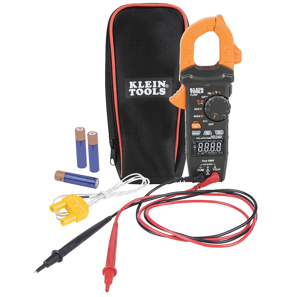 KLEIN CL390 METER CLAMP AC/DC DIGITAL 400AMP AUTO RANGING TRMS /CASE AND LEADS