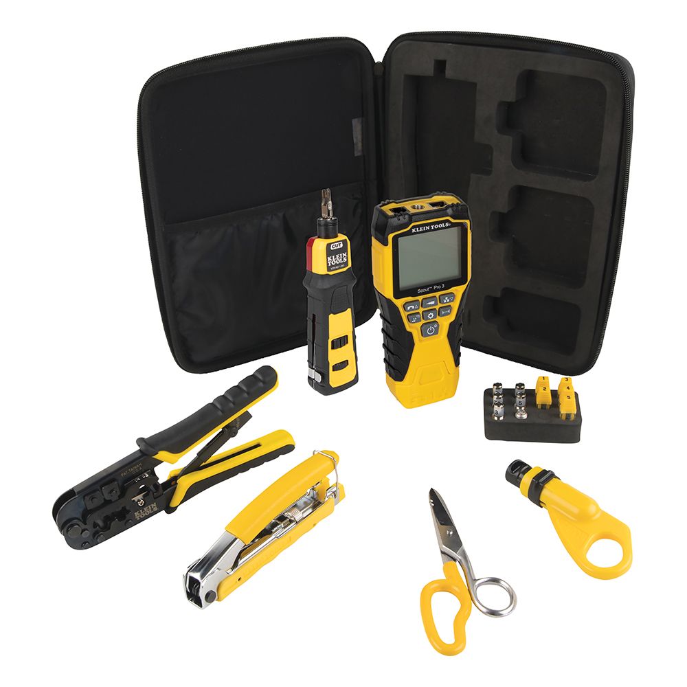 Product image for KLEIN VDV001819 KIT APPRENTICE TOOL SET 6 PIECE CRIMPER SCOUT PRO 2 CABLE TESTER SNIPS PUNCHDOWN TOOL CARRY CASE