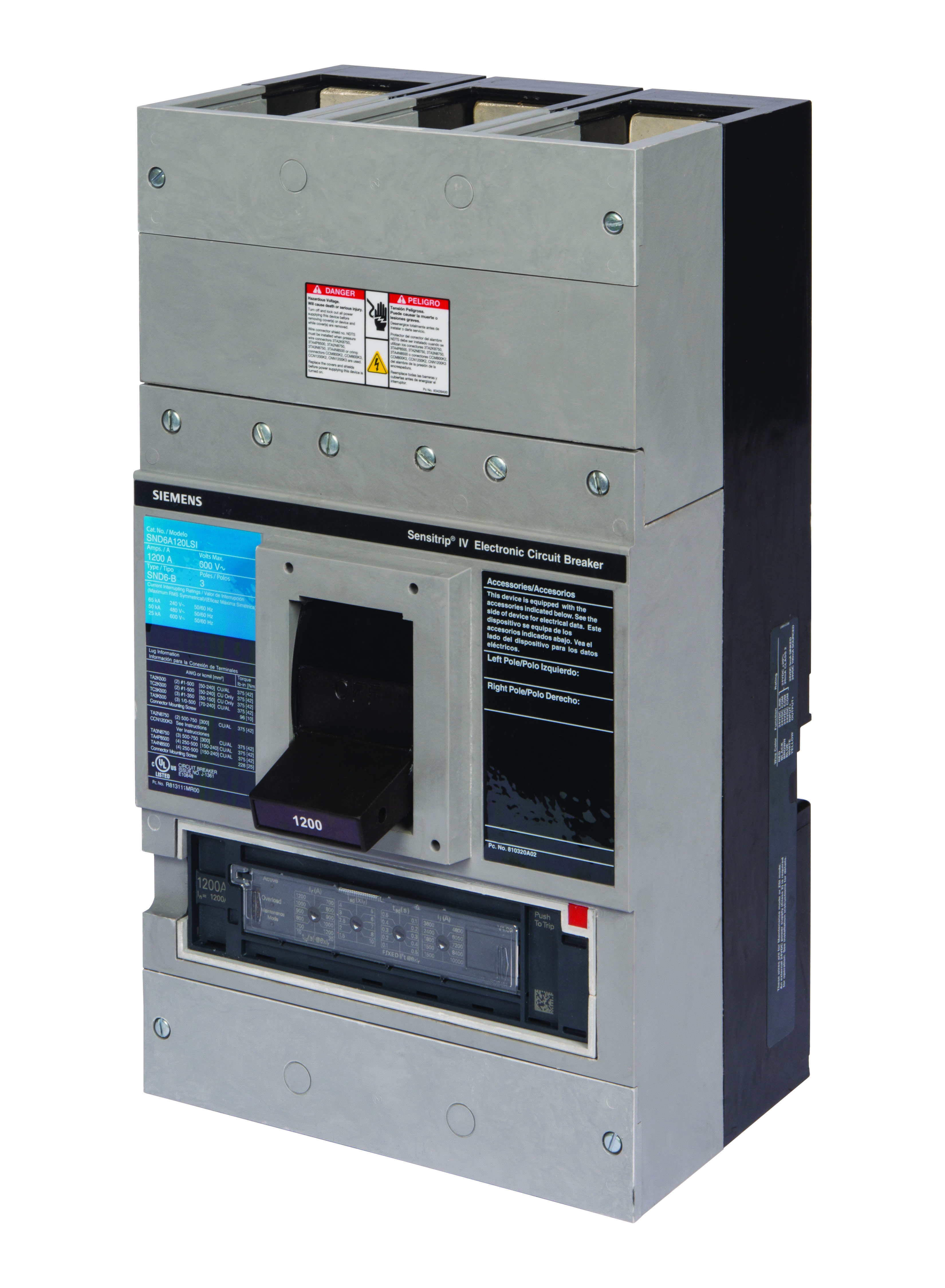 Product image for SIED SCND6B120LSIG BREAKER MAIN 3 POLE 1200A 600V 65000KA