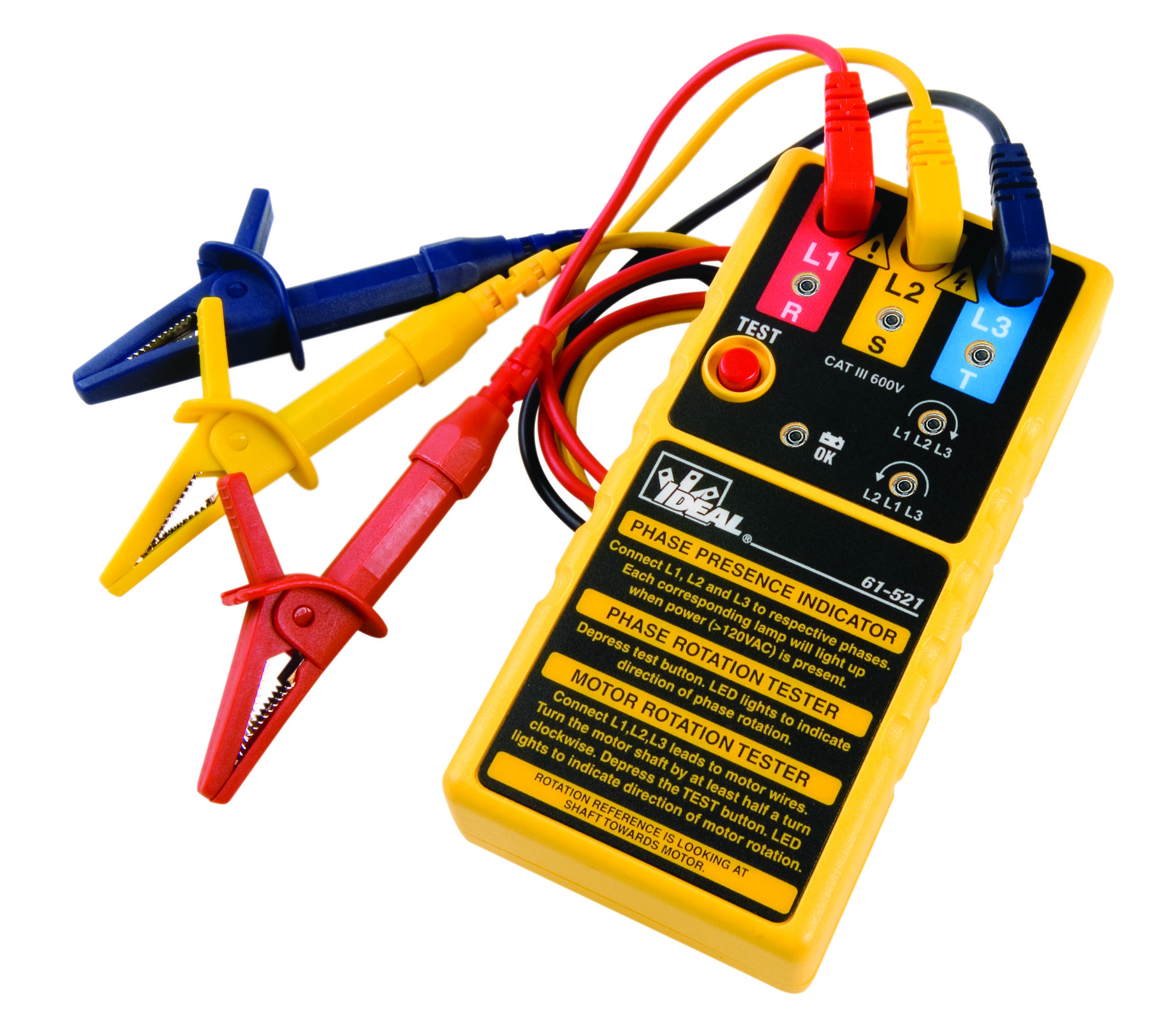 IDEAL 61-521 TESTER ROTATION 600V 3PH CAT-III W/CARRY CASE