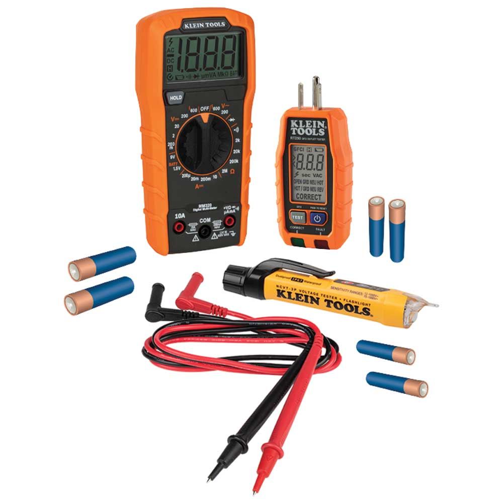 Product image for KLEIN 69355 KIT PREMIUM ELECTRICAL TEST COMES WITH MM320 NCVT3P RT250 TEST LEADS AND BATTERIES