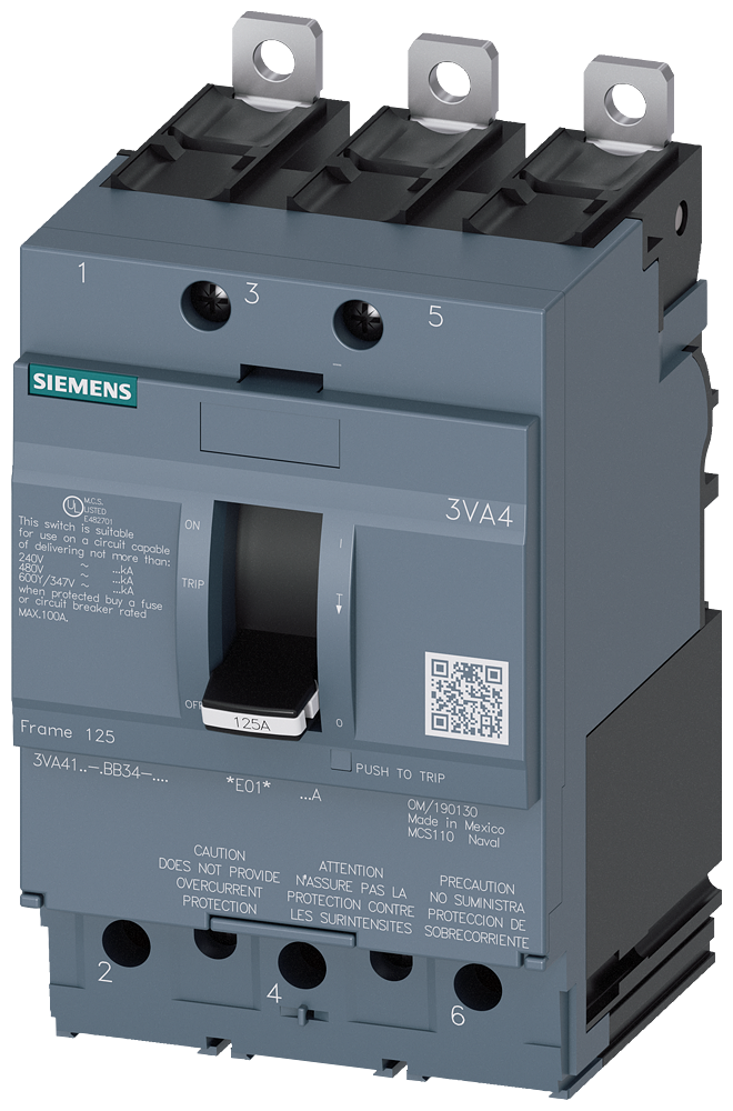 Product image for SIED 3VA4110-4ED34-0AA0 CIRCUIT BREAKER 3 POLE 100A OVERLOAD PROTECTION 25KA @480V
