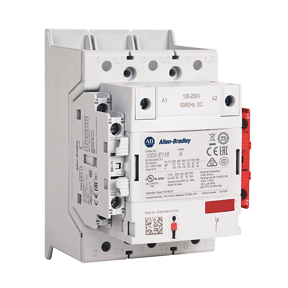 Product image for 100S-E MCS-E Safety Contactor ,116A, AC3 duty , 24-60V 50/60Hz / 20-60V DC Electronic Coil , 1 N.O. 1 N.C. Standard & 0 N.O. 1 N.C. Lower Power Auxiliary Contacts