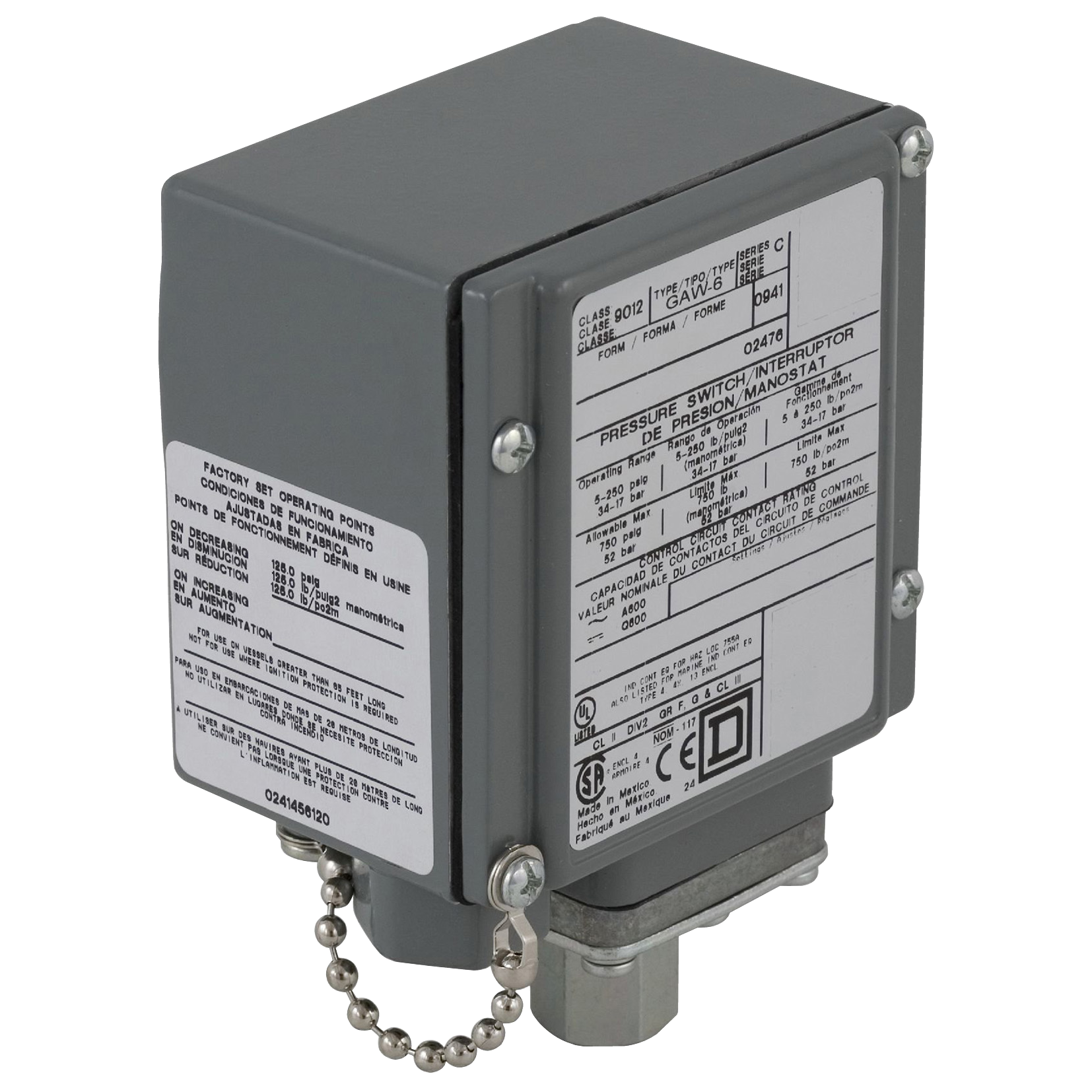 Product image for PRESSURE SWITCH 9012G, ADJUSTABLE SCALE, 2 THRESHOLDS, 5.0 TO 250 PSIG