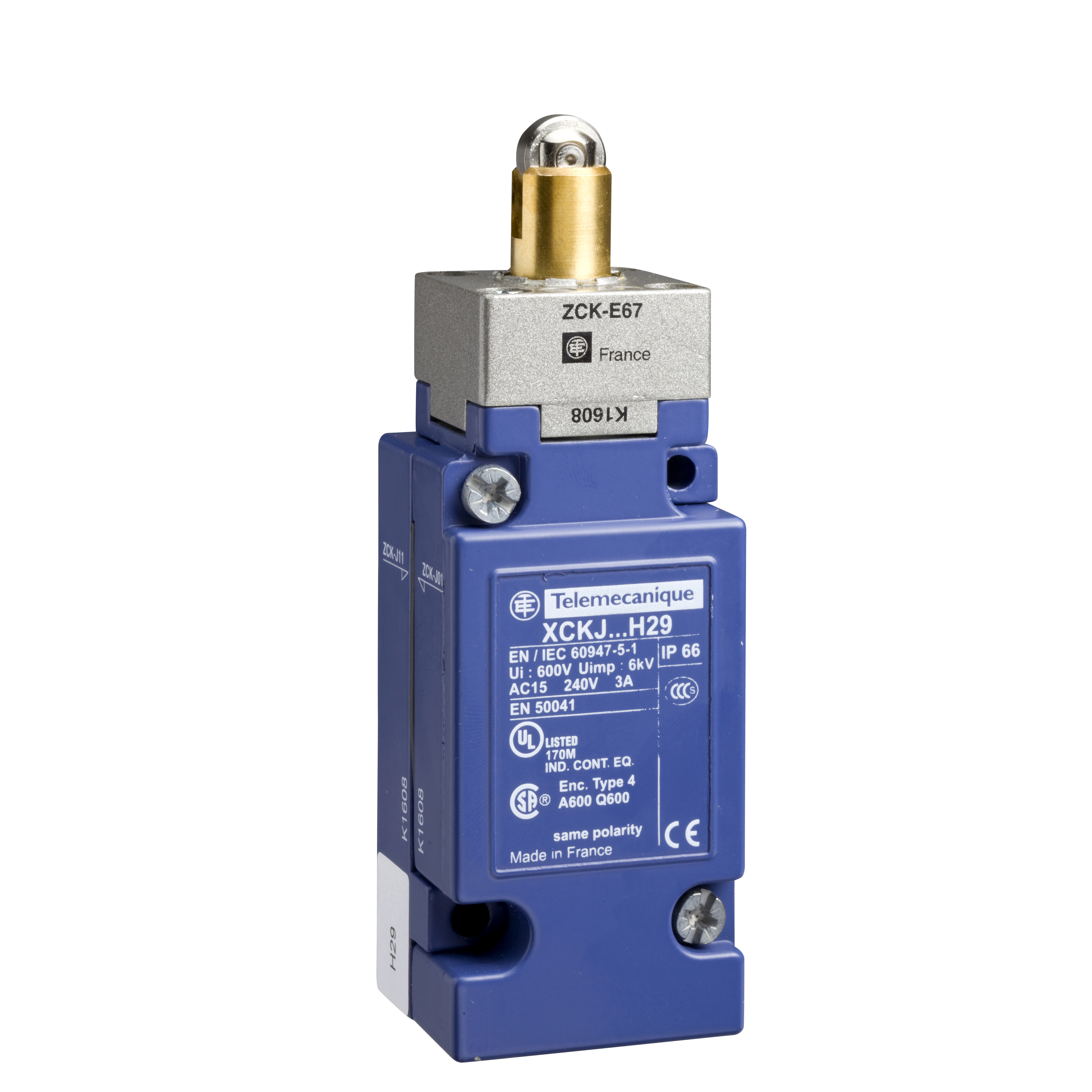 Product image for LIMIT SWITCH, XC STANDARD, XCKJ, STEEL ROLLER PLUNGER REINFORCED, 600 V AC, 10 A