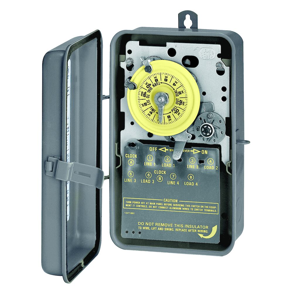 Product image for 24-HOUR MECHANICAL TIME SWITCH WITH SKIP-A-DAY, 120 VAC, 60HZ, 4-SPST, OUTDOOR METAL ENCLOSURE, 1 HOUR INTERVAL