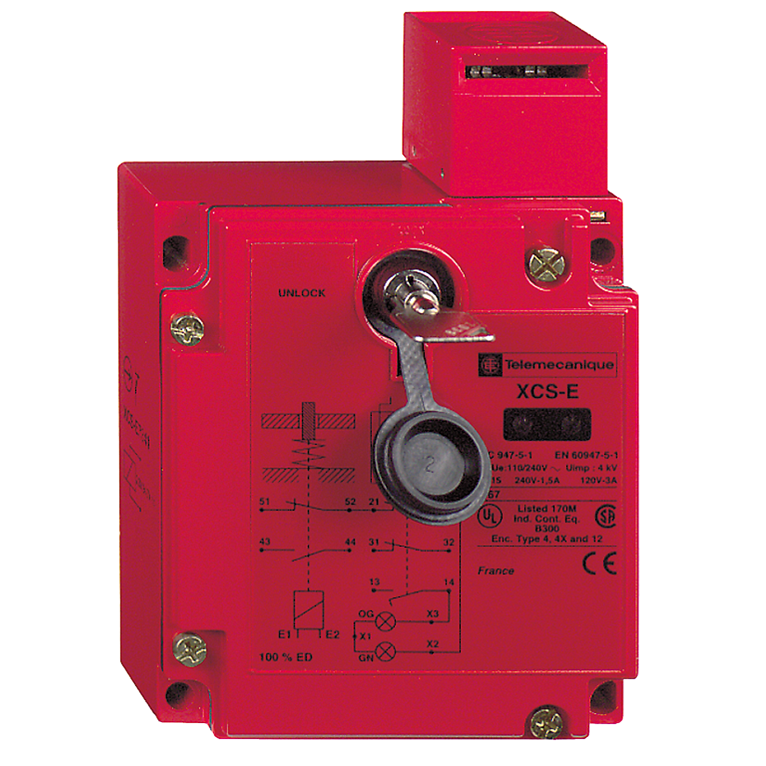 Product image for SAFETY SWITCH, TELEMECANIQUE SAFETY SWITCHES XCS, METAL XCSE, 3 NC, SLOW BREAK, 2 ENTRIES TAPPED 1/2" NPT, 24 V