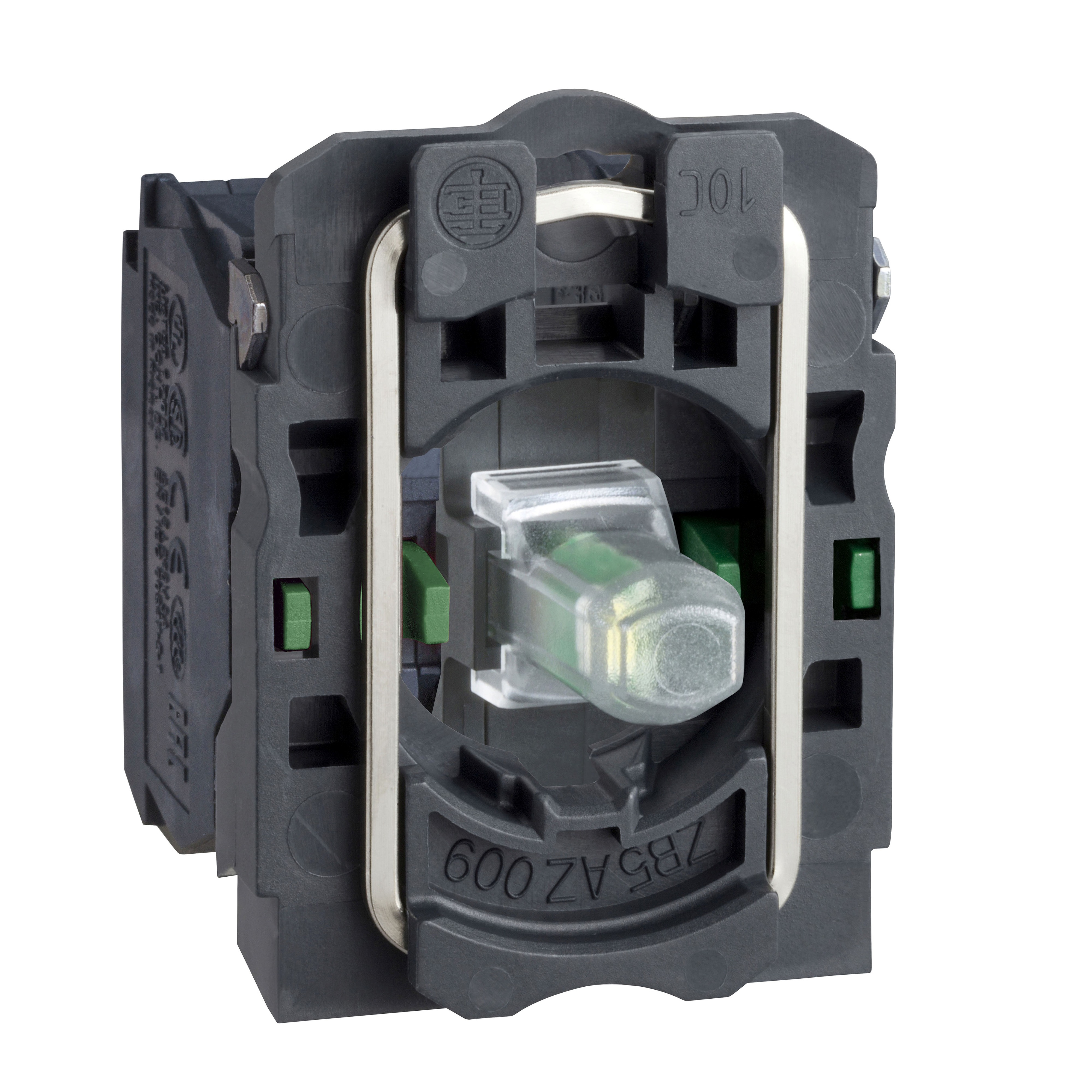 Product image for LIGHT BLOCK WITH BODY FIXING COLLAR, HARMONY XB5, PLASTIC, GREEN, INTEGRAL LED, 24V AC DC, 2NO