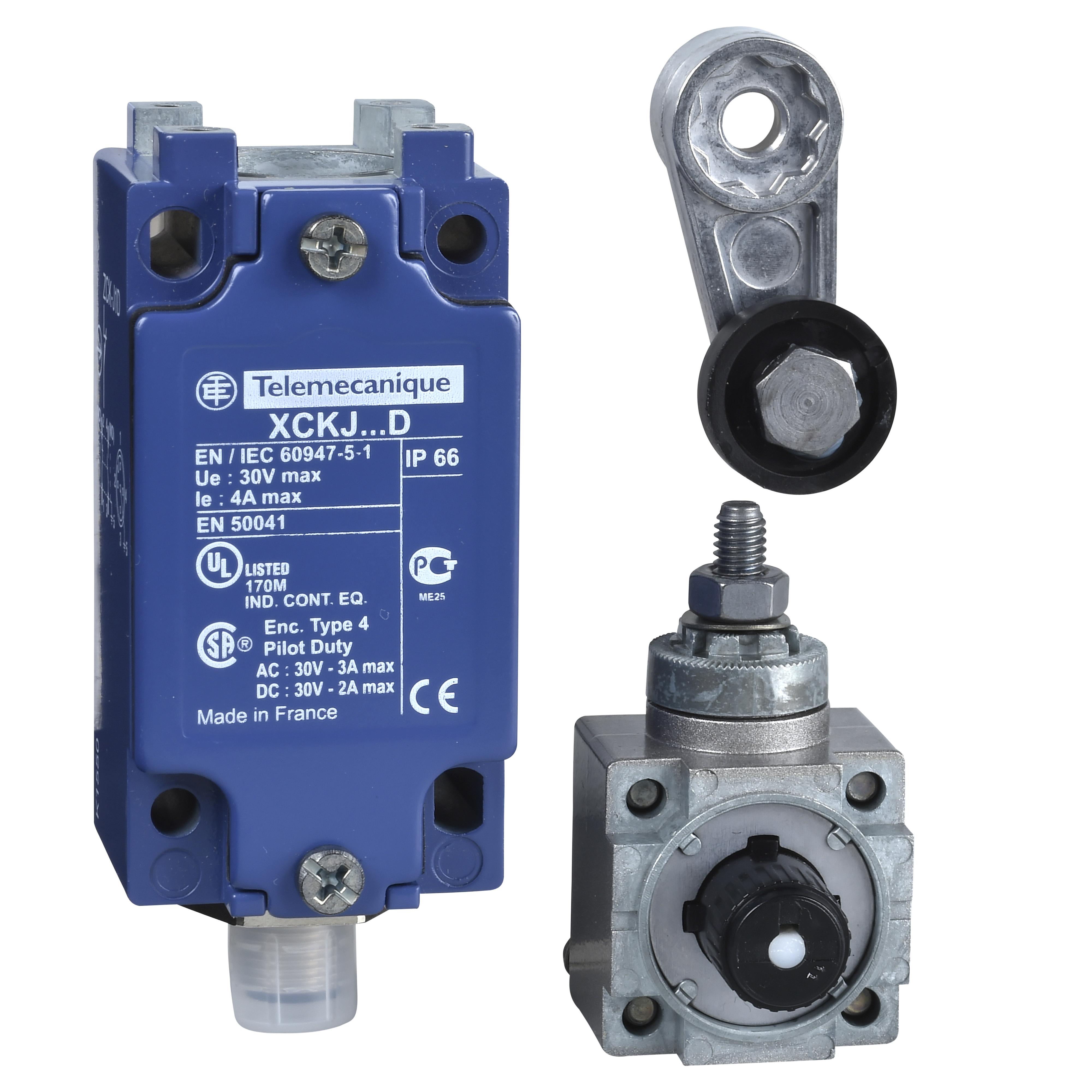 Product image for LIMIT SWITCH, XC STANDARD, XCKJ, THERMOPLASTIC ROLLER LEVER, 1NC+1 NO, SNAP ACTION, M12