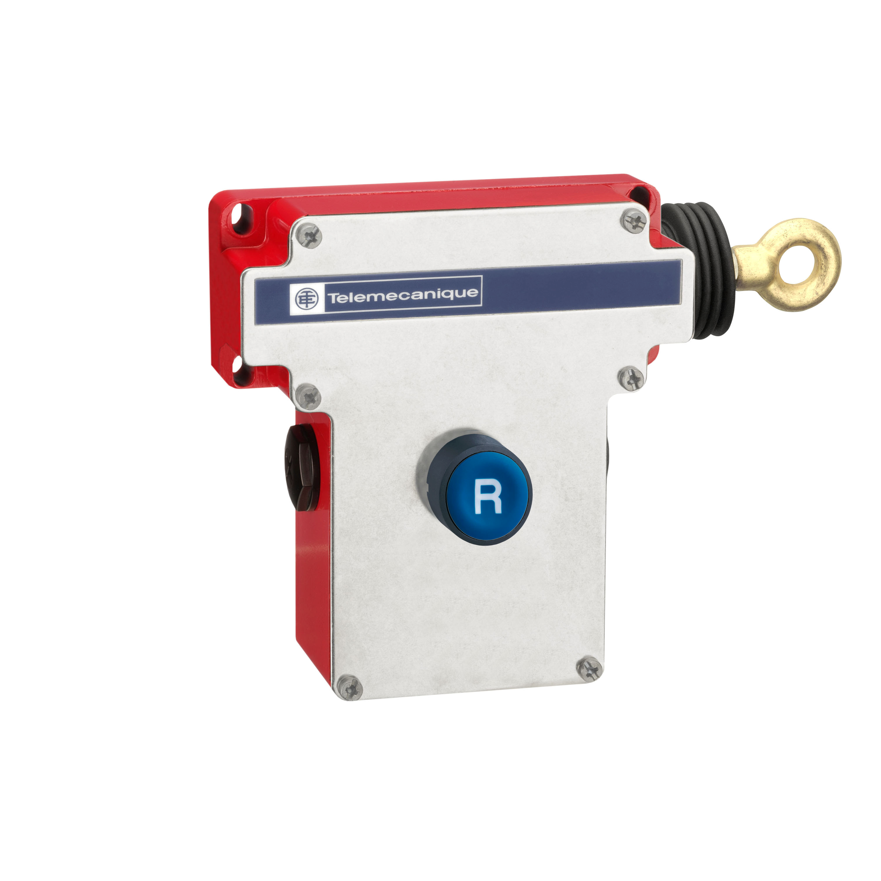 Product image for LATCHING EMERGENCY STOP ROPE PULL SWITCH, TELEMECANIQUE ROPE PULL SWITCHES XY2C, E XY2CE, RH SIDE -1NC+1 NO, FLUSH PUSHBUTTON