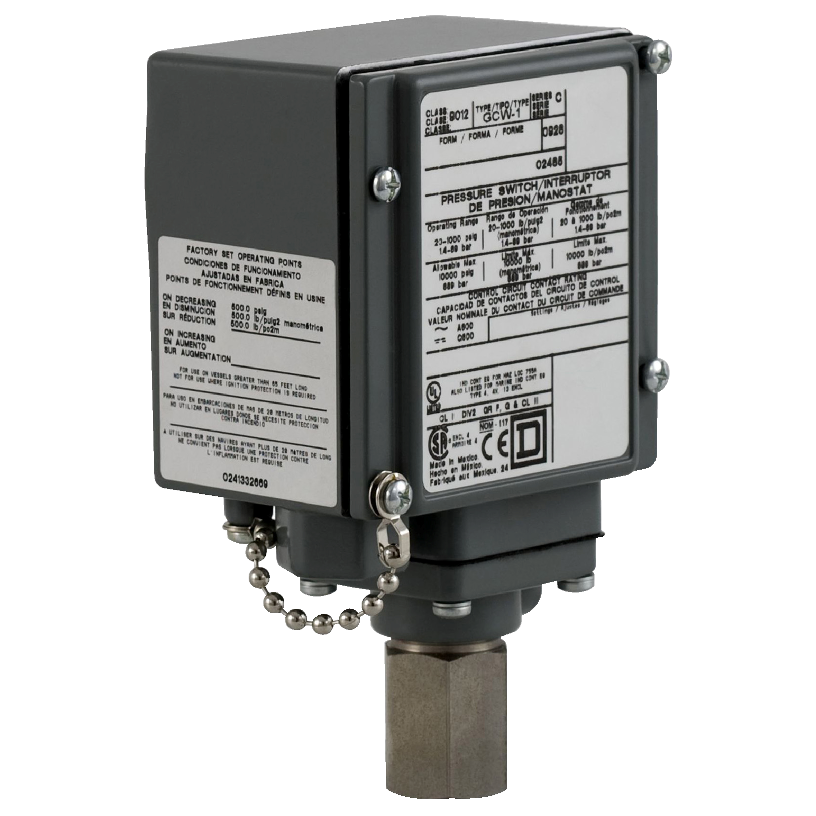 Product image for PRESSURE SWITCH 9012G, ADJUSTABLE SCALE, 2 THRESHOLDS, 170 TO 5600 PSIG