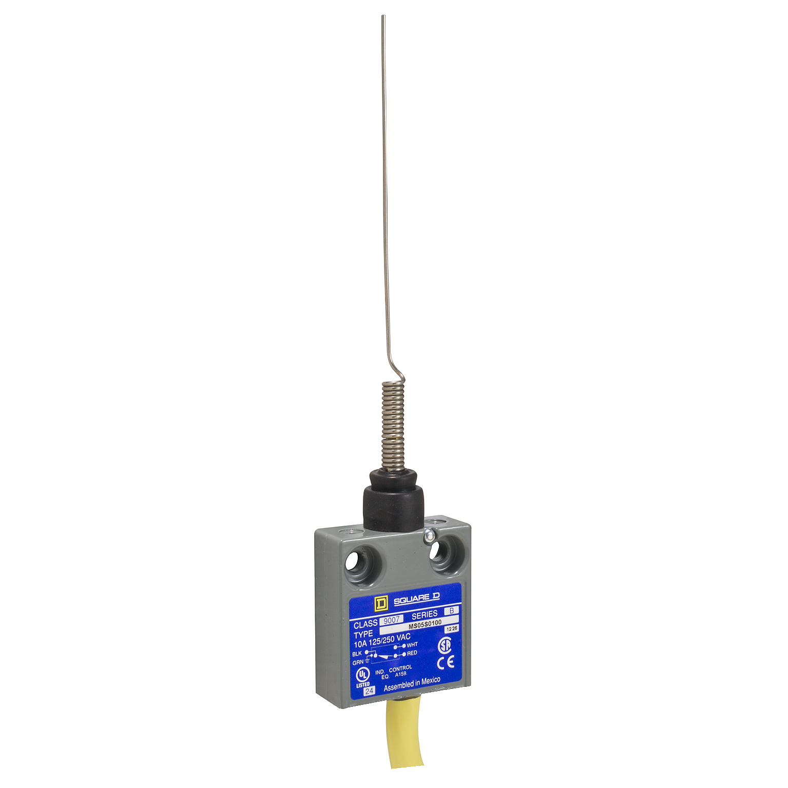 Product image for LIMIT SWITCH, 9007ML, MINIATURE, STEEL WHISKER WIRE, 10A AT 240VAC, 1NO/1NC, 9 FEET OF CABLE, NEMA 4, 6, 6P, 12, 13