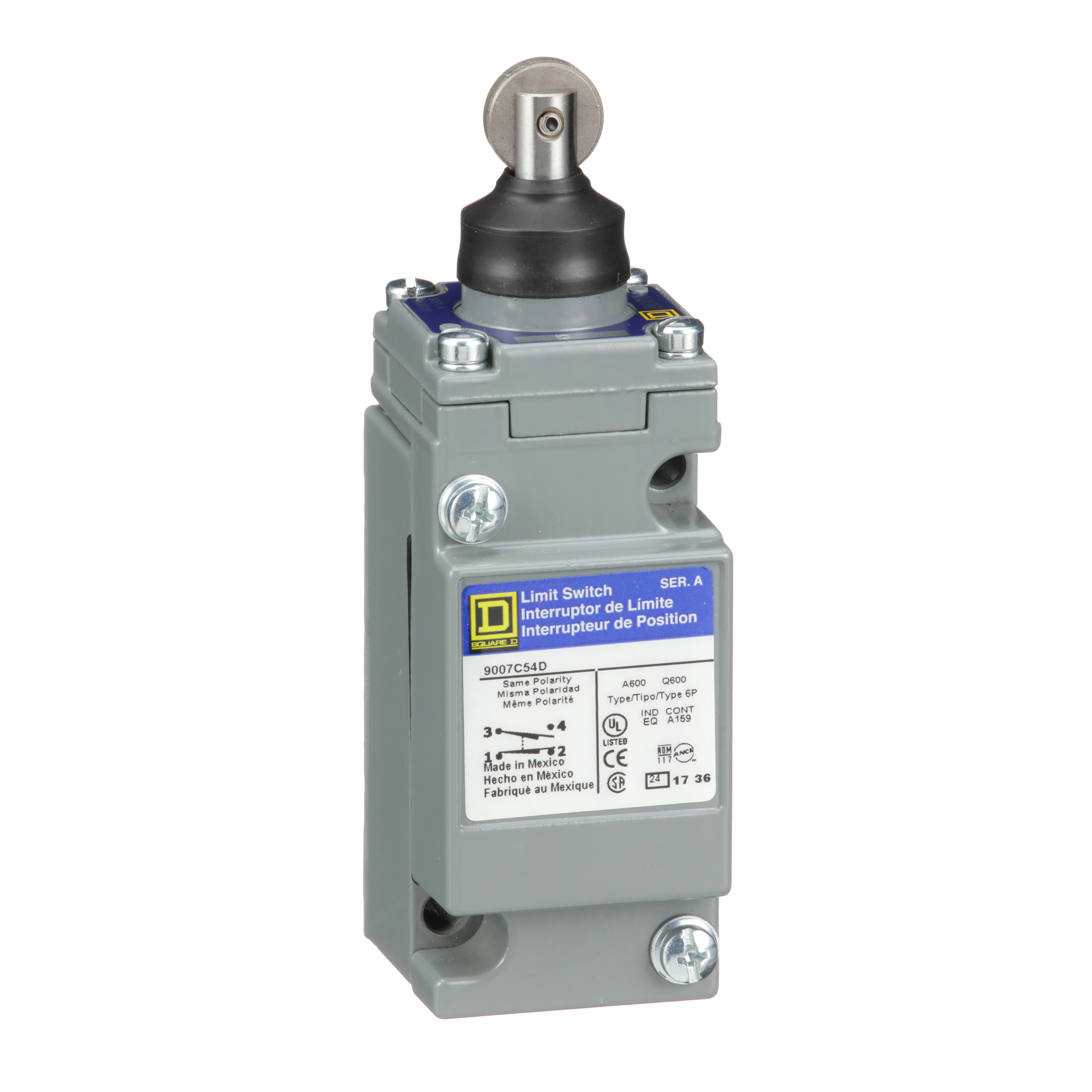 Product image for LIMIT SWITCH, 9007C, FULL BODY, TOP ROLLER PLUNGER HEAD, SPRING RETURN, 1 NO AND 1 NC, 1 NO AND 1 NC, NEMA 4 AND 13