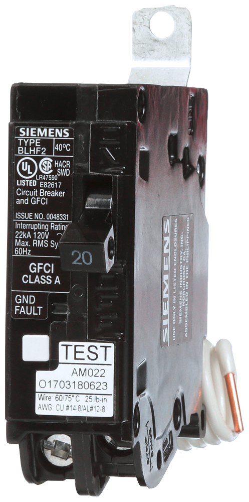 SIED BF120AH BREAKER 20A 1POLE BOLTON 22KA 5MA GFCI 120VAC W SELF TEST LOCKOUT