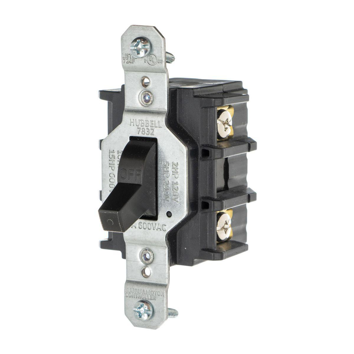 Product image for HUB HBL7832 DISCONNECT SWITCH 30A 600VAC 2POLE MANUAL TOGGLE CONTROLLER/MOTOR BACK & SIDE WIRED