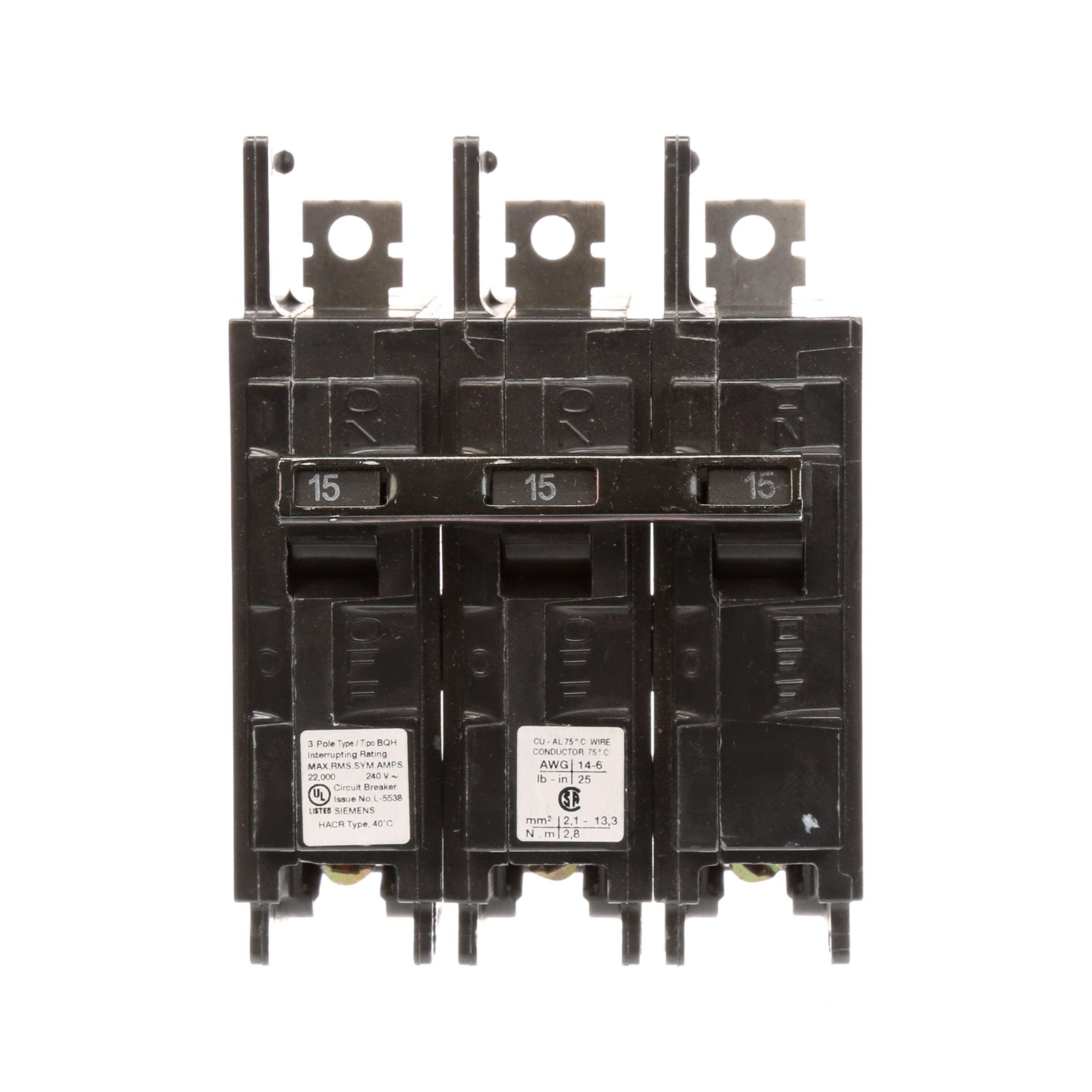 Product image for BQH MCCB,TM,3P,240V,15A,22kA,Load Lugs