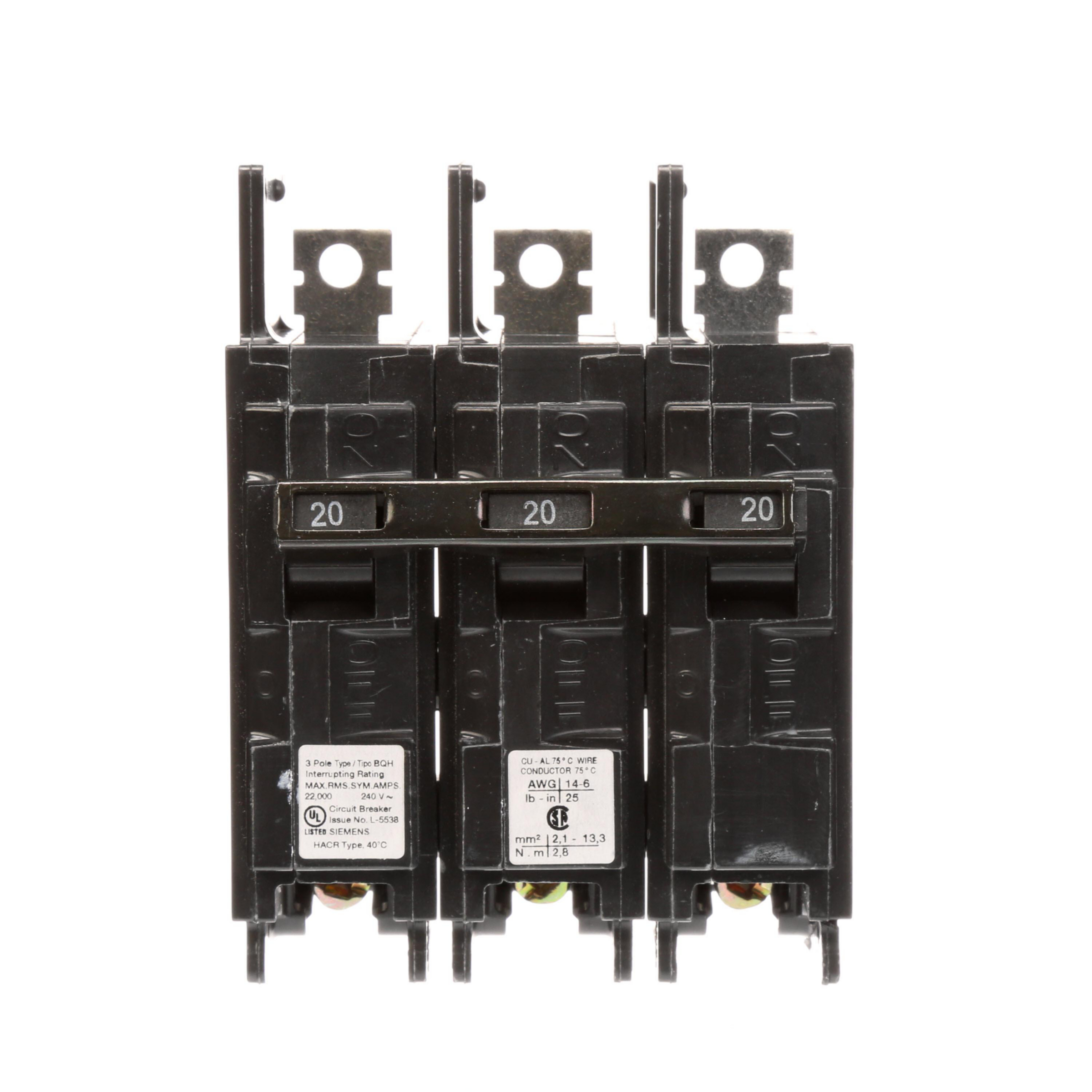 Product image for BQH MCCB,TM,3P,240V,20A,22kA,Load Lugs