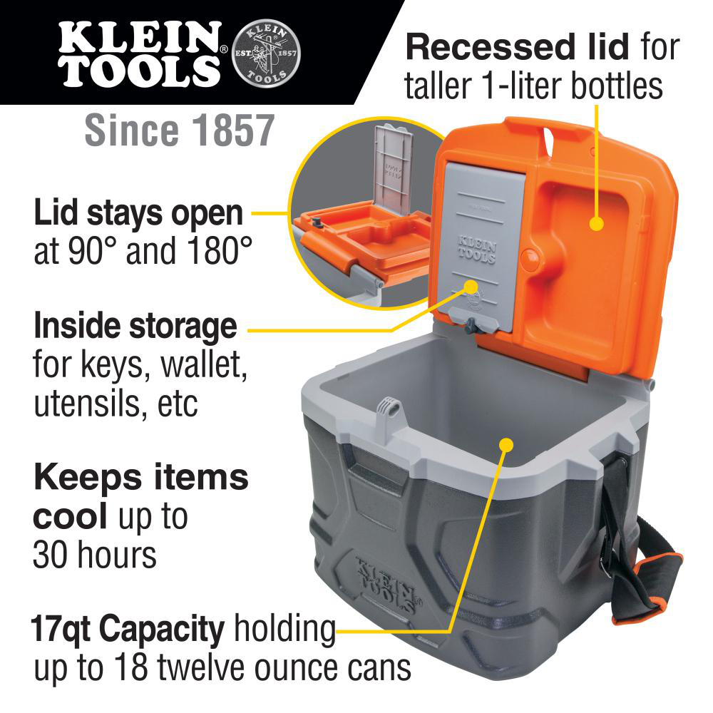 KLEIN TOOLS 55600 Tough Box Cooler with Handle 17 qt Gray with Orange