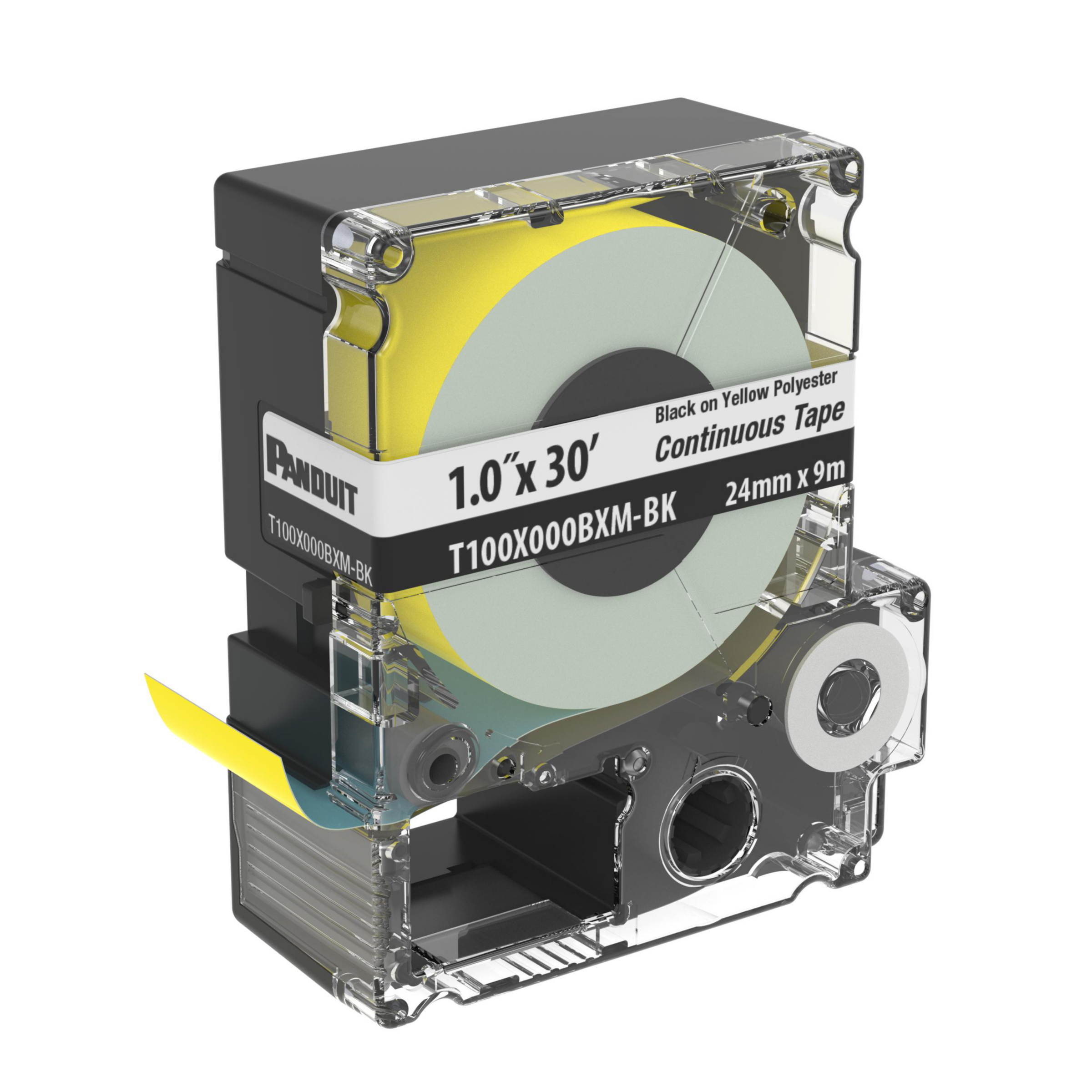 Product image for PANDUIT T100X000BXM-BK TAPE PXE CASSETTE CONTINUOUS TAPE POLYESTER 1"W X 30'L BL/YL
