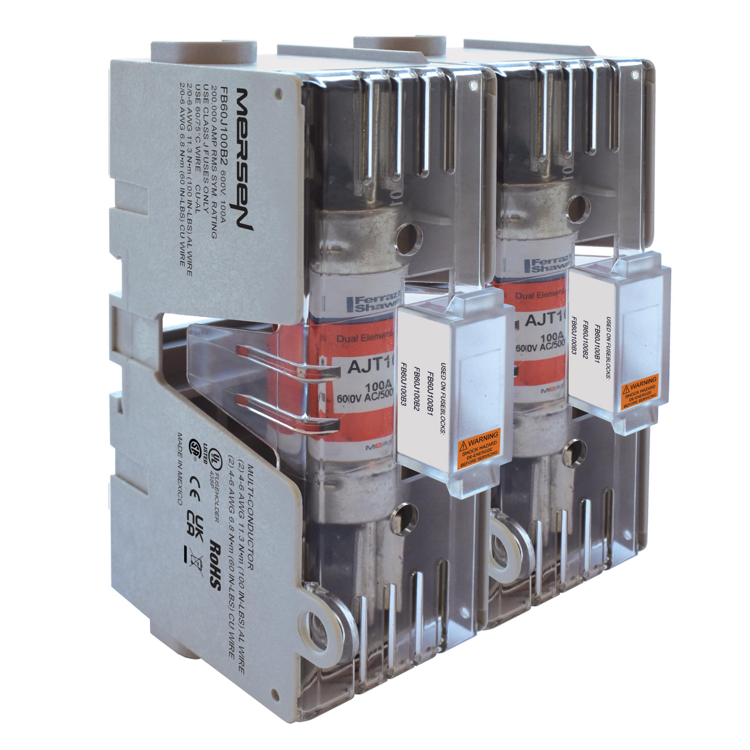 Product image for MERSEN FB60J100B2 FUSEBLOCK CLASS J 100A 2-POLE 600V SPRING REINFORCED BOX TYPE 2/0 - #6G WIRE RANGE ALUM COPPER