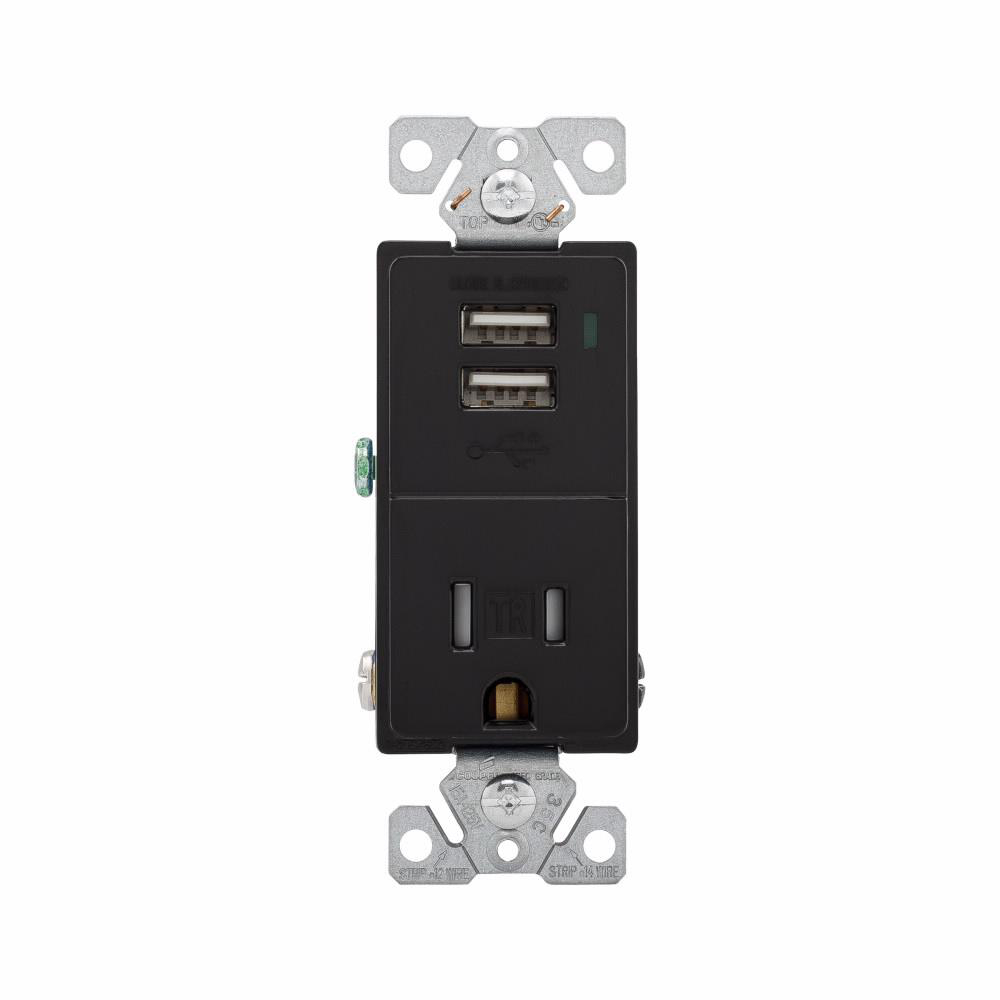 Product image for COMBO 2 PORT USB RECEPTACLE 15A 125V BK