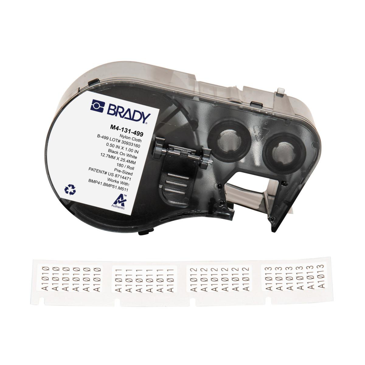BRADY M4-131-499 LABEL 1/2" X 1" NYLON BLACK ON WHITE B499 180PER PAK/ROLL USE WITH BMP51 BMP53 BMP41