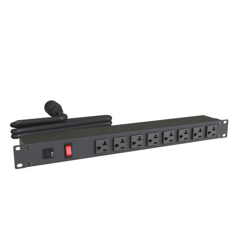 HAMMOND MANUFACTURING 1589H8F1BKRF 1589-RF-RR Series Power Outlet Strip  Front or Rear Facing, Single-Phase 8 Outlets 20 A, 120 VAC, NEMA 5-15P Black