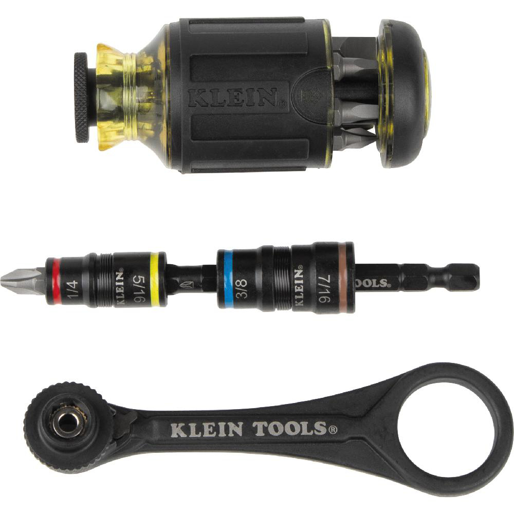 Product image for KLEIN 85515HD TOOL SET 3PC SLIP SOCKET MINI RATCHET & MULTI BIT DRIVER SET (65200 + 32308 HNDL + 32932)
