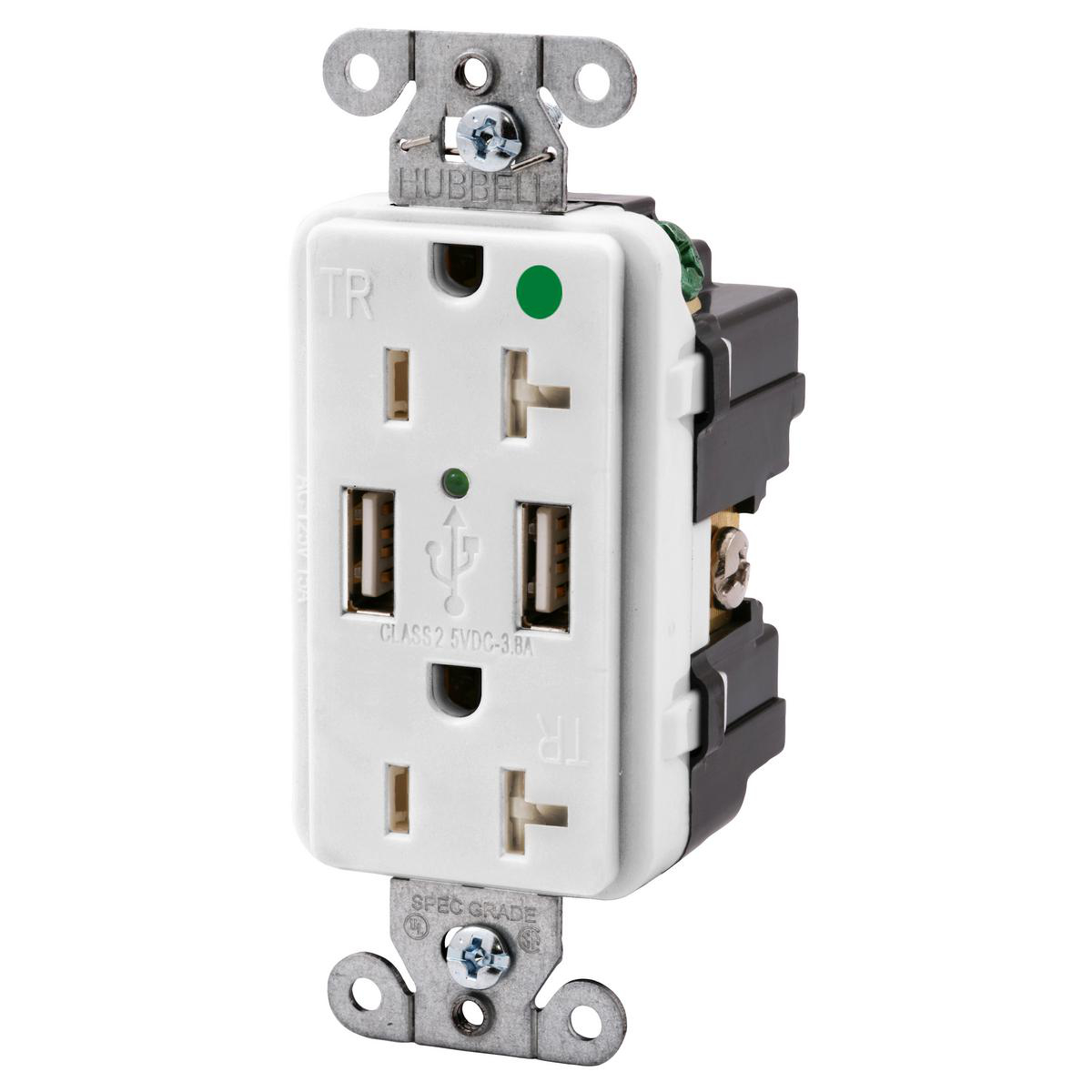 Product image for Receptacle hospital 2USB flush 125VAC 20A white