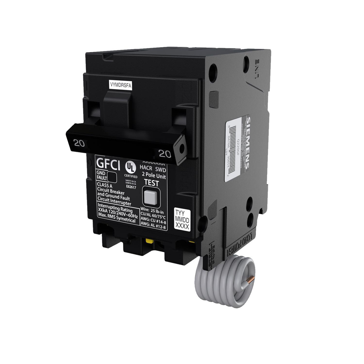 Product image for SIED Q220GFCSA BREAKER QPFB 5MA 20A 2POLE GFCI GROUND FAULT 10KA W SELF TEST