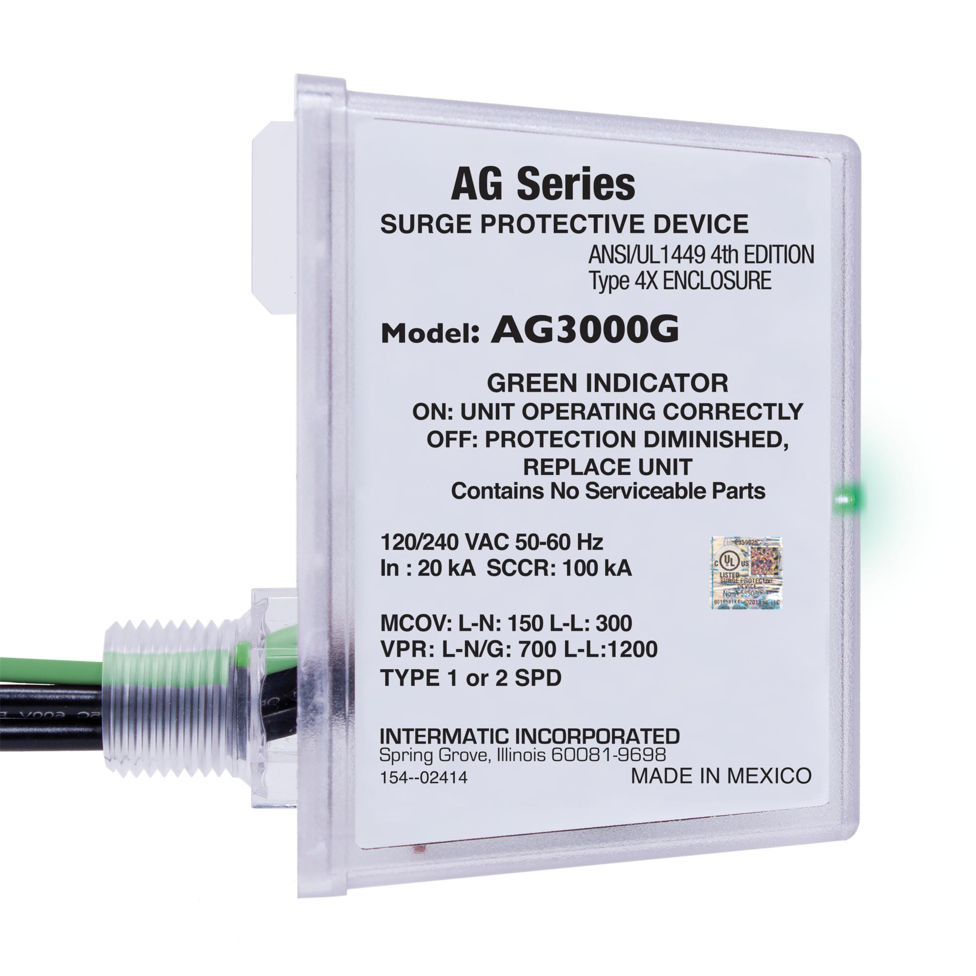Product image for SURGE PROTECTIVE DEVICE, 240 VAC 1PH W/GREEN GROUND LEAD, TYPE 1 OR TYPE 2, OUTDOOR, CONNECTED EQUIPMENT WARRANTY 3YR $7,500