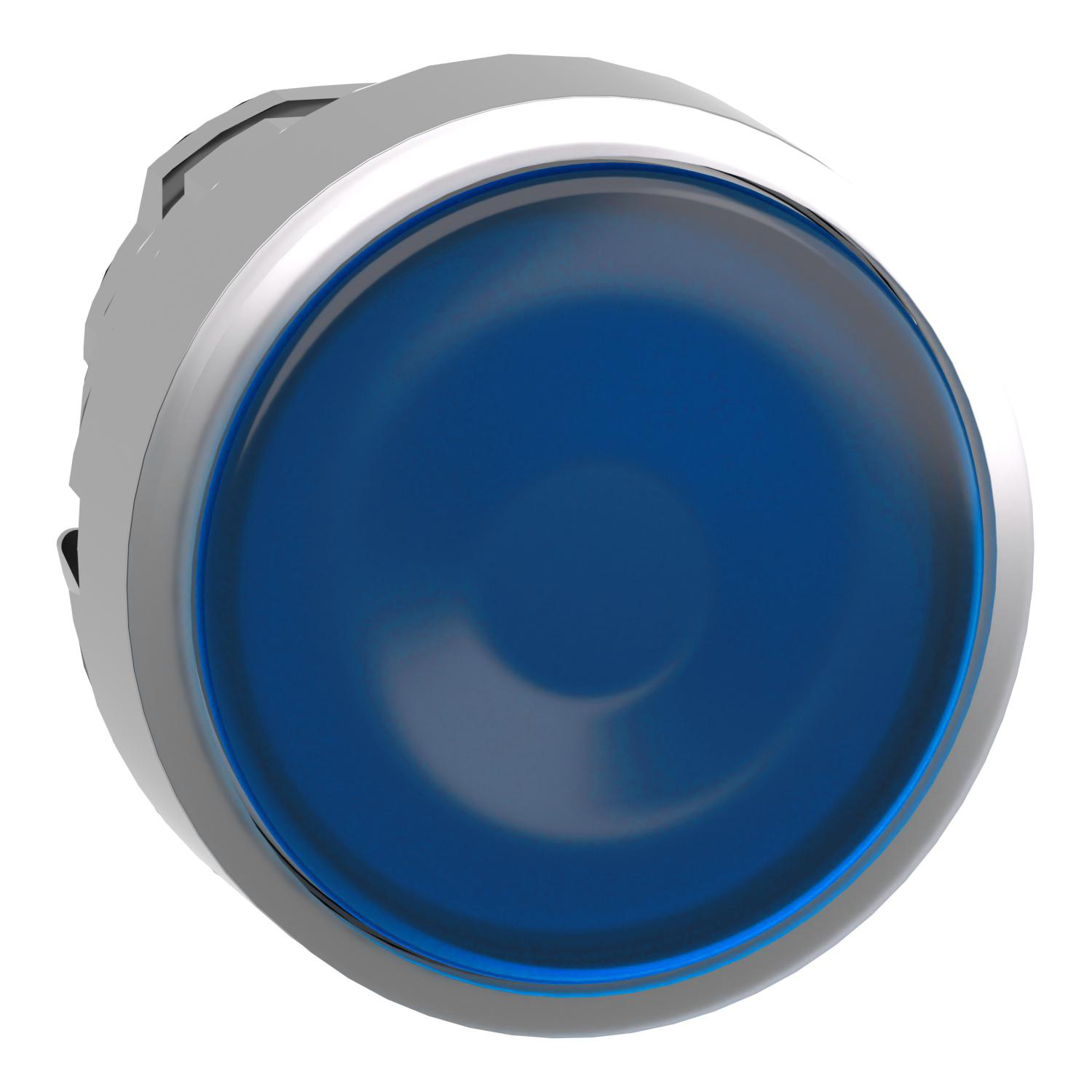 Product image for HEAD FOR ILLUMINATED PUSH BUTTON, HARMONY XB4, METAL, BLUE FLUSH, 22MM, UNIVERSAL LED, SPRING RETURN, PLAN LENS, UNMARKED