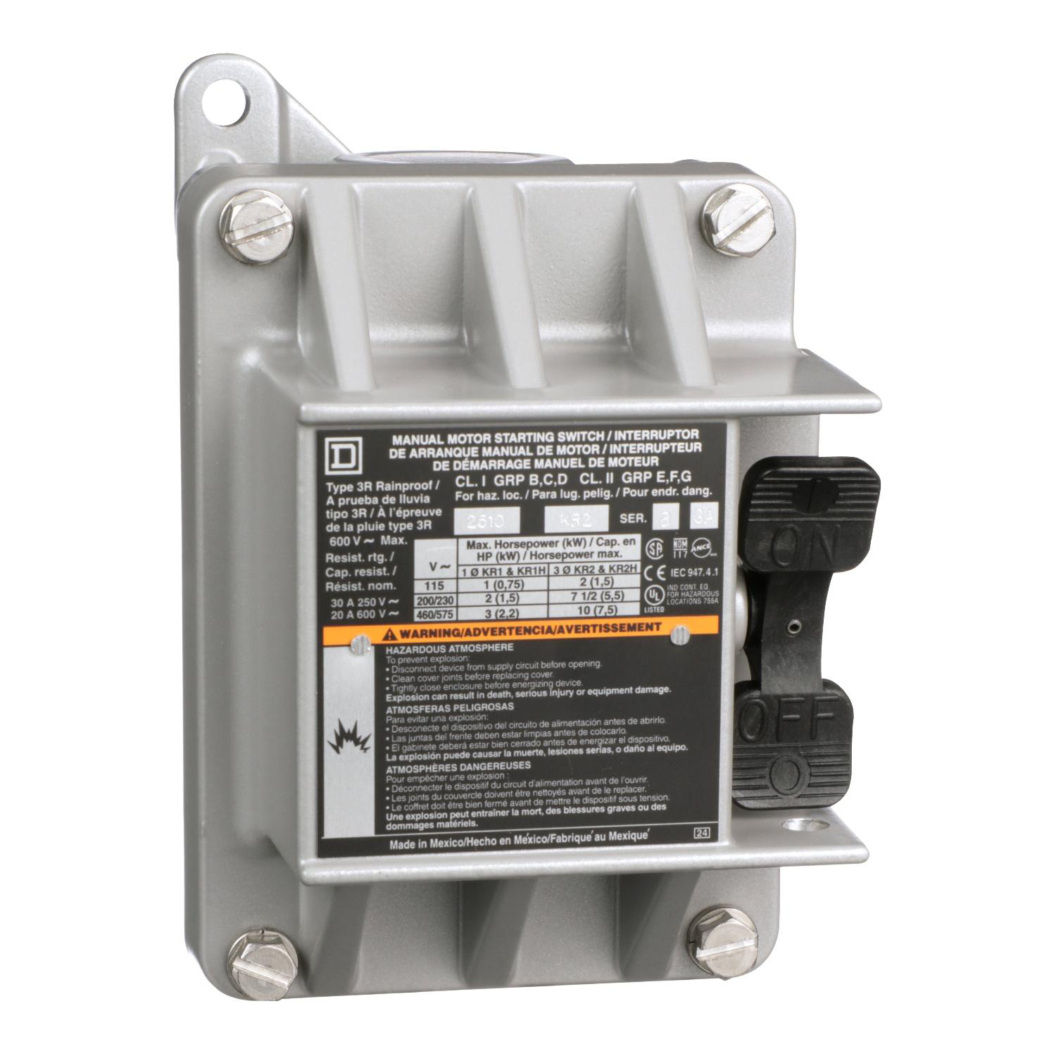 Product image for SWITCH, MANUAL, 30A, 3 POLE, 10HP AT 575VAC, THREE PHASE, TOGGLE OPERATED, NO INDICATOR, NEMA 7/9, ONE CONDUIT OPENING