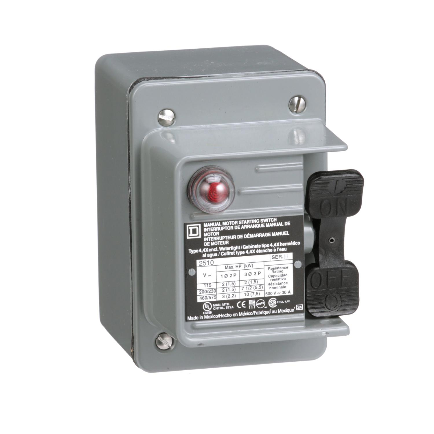 Product image for SWITCH, MANUAL, 30A, 2 POLE, 3HP AT 575VAC, SINGLE PHASE, TOGGLE OPERATED, RED 115VAC INDICATOR, NEMA 4, ONE CONDUIT