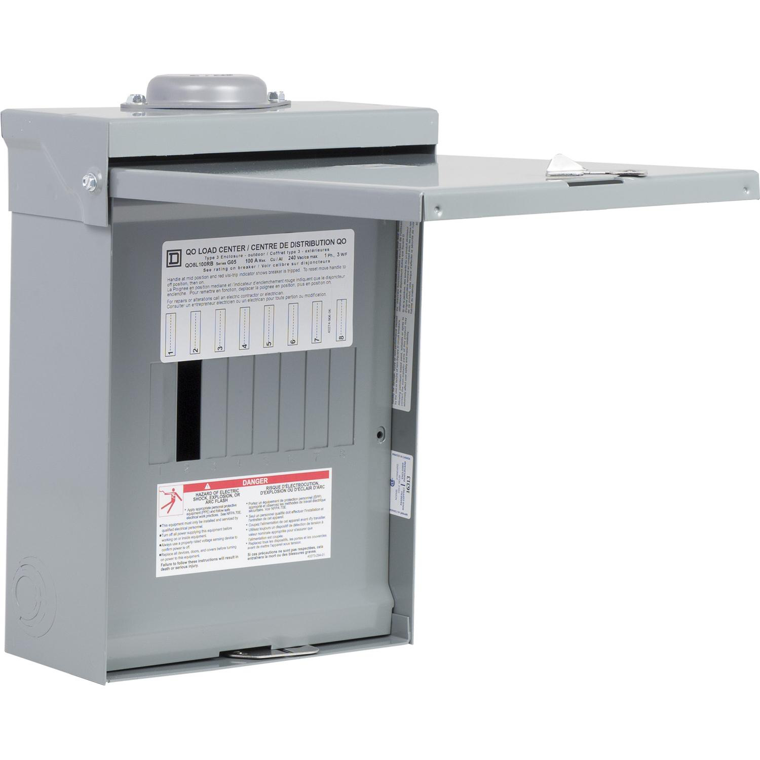 Product image for LOAD CENTER, QO, 1 PHASE, 8 SPACES, 8 CIRCUITS, 100A CONVERTIBLE MAIN LUGS, NEMA3R