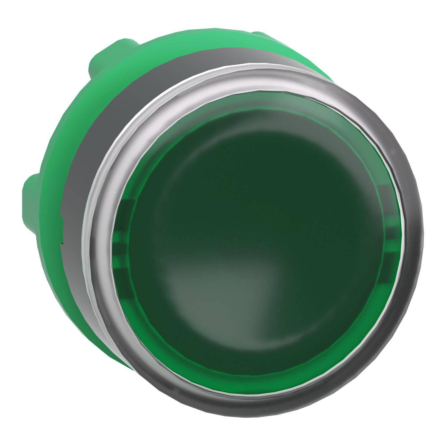 Product image for HEAD FOR ILLUMINATED PUSH BUTTON, HARMONY XB5, PLASTIC, GREEN FLUSH, 22MM, UNIVERSAL LED, SPRING RETURN, PLAIN LENS