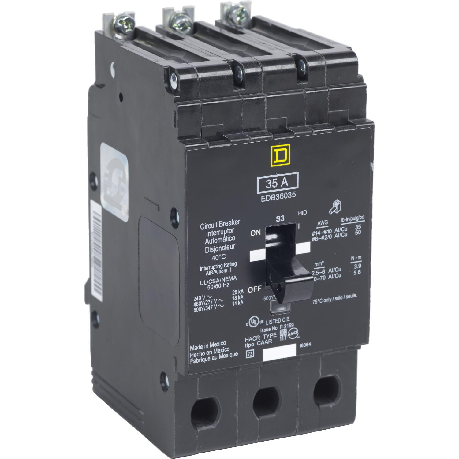 Product image for MINI CIRCUIT BREAKER, E-FRAME, 40A, 3 POLE, 600Y/347VAC, 65KA MAX, BOLT ON [TAA]