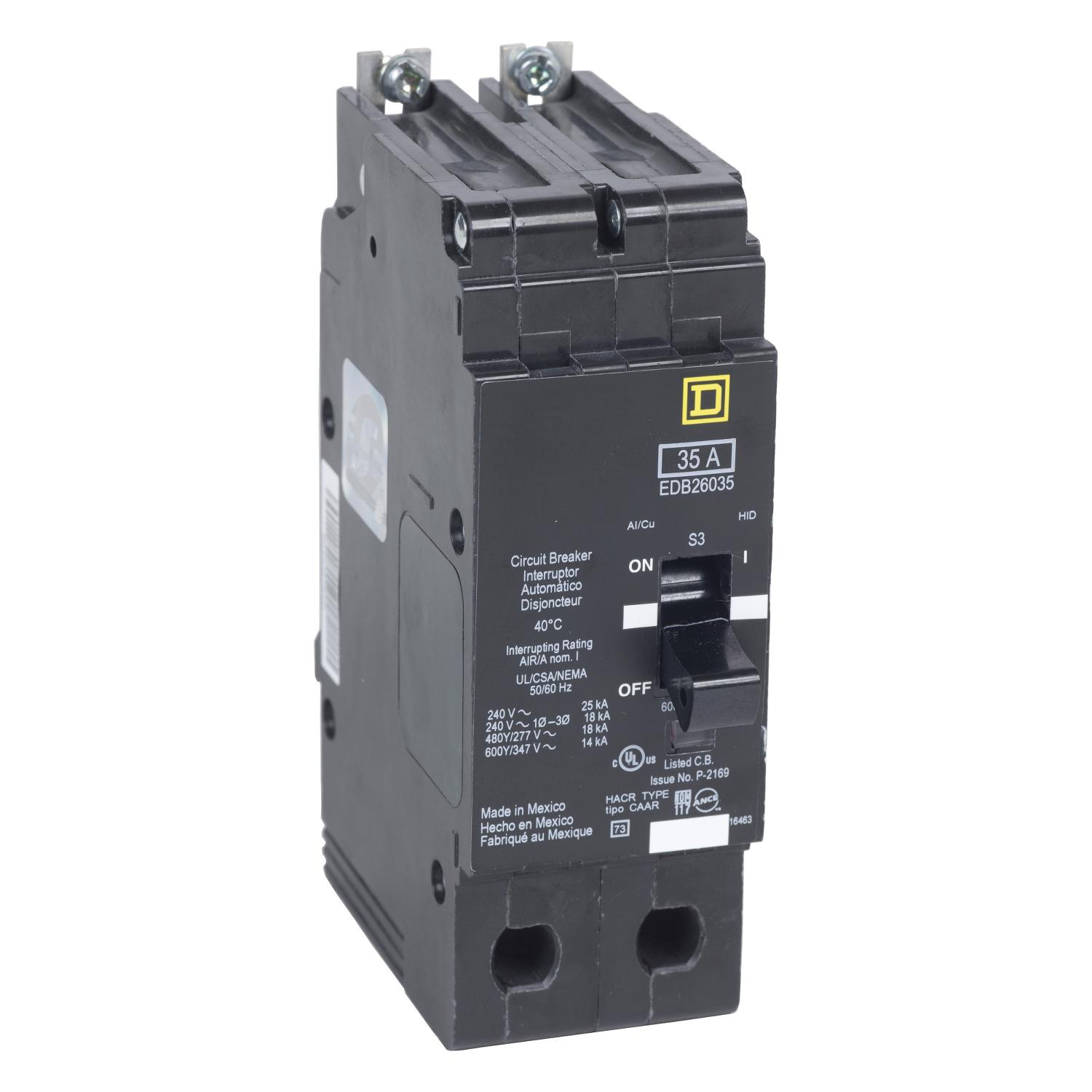 Product image for MINI CIRCUIT BREAKER, E-FRAME, 60A, 2 POLE, 600Y/347VAC, 25KA MAX, BOLT ON [TAA]