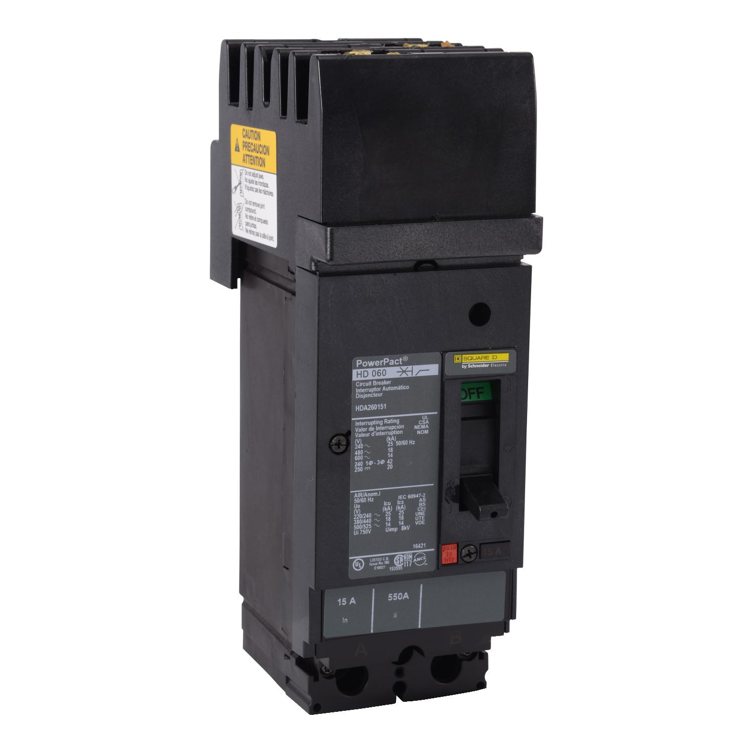 Product image for CIRCUIT BREAKER, POWERPACT H, 100A, 2 POLE, 600VAC, 14KA, I-LINE, THERMAL MAGNETIC, 80%, AC