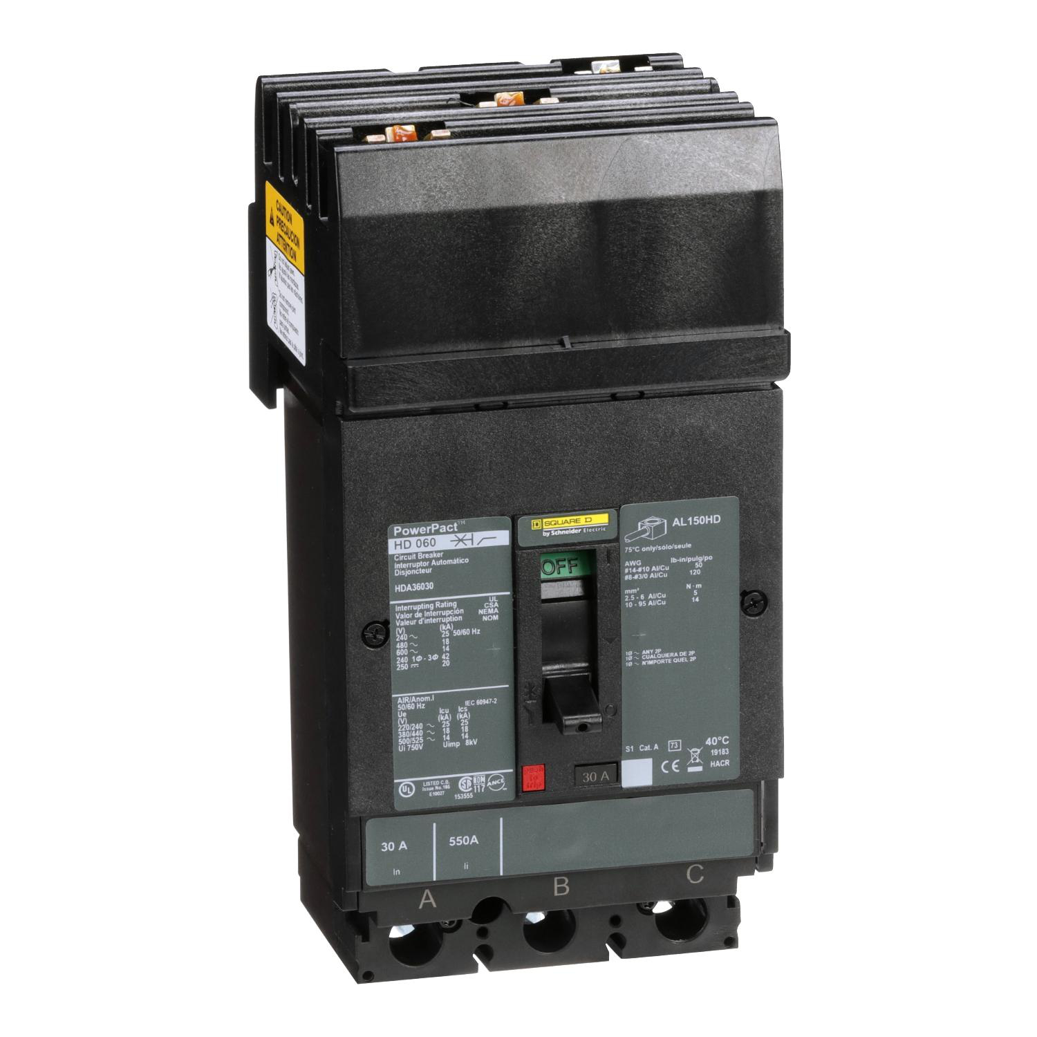 Product image for CIRCUIT BREAKER, POWERPACT H, 30A, 3 POLE, 600VAC, 14KA, I-LINE, THERMAL MAGNETIC, 80%, ABC