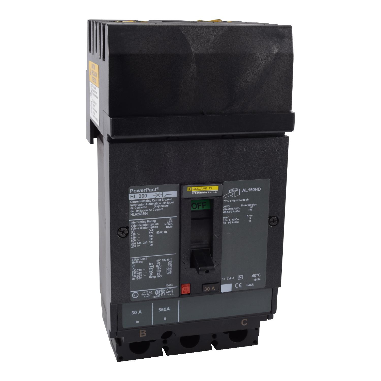 Product image for CIRCUIT BREAKER, POWERPACT H, 40A, 3 POLE, 600VAC, 50KA, I-LINE, THERMAL MAGNETIC, 80%, ABC