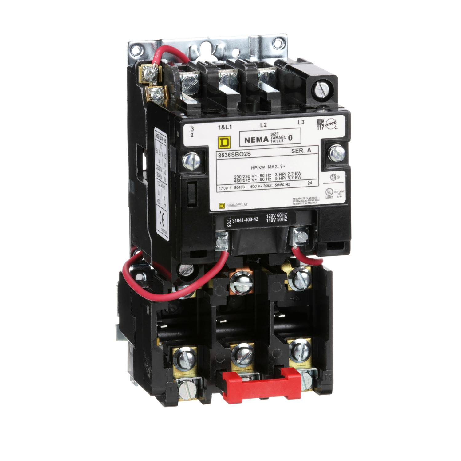 Product image for NEMA MOTOR STARTER, TYPE S, NONREVERSING, SIZE 0, 18A, 5HP AT 460VAC, 5KA SCCR, 3 PHASE, 3 POLE, MELTING ALLOY, 120VAC COIL, OPEN [TAA]