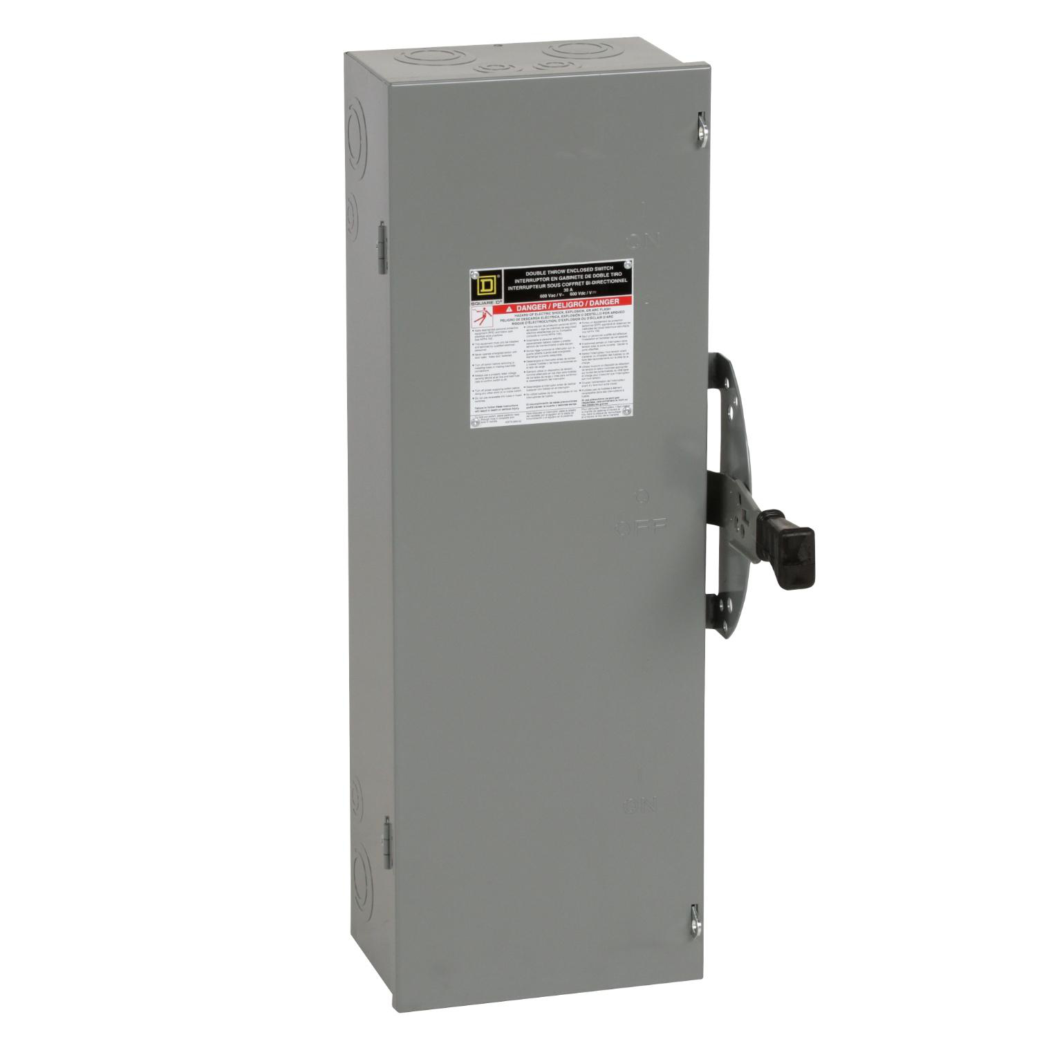 Product image for SAFETY SWITCH, DOUBLE THROW, NON FUSIBLE, 3 POLE, 3 WIRE, 600VAC, 600VDC, 30A, TYPE 1